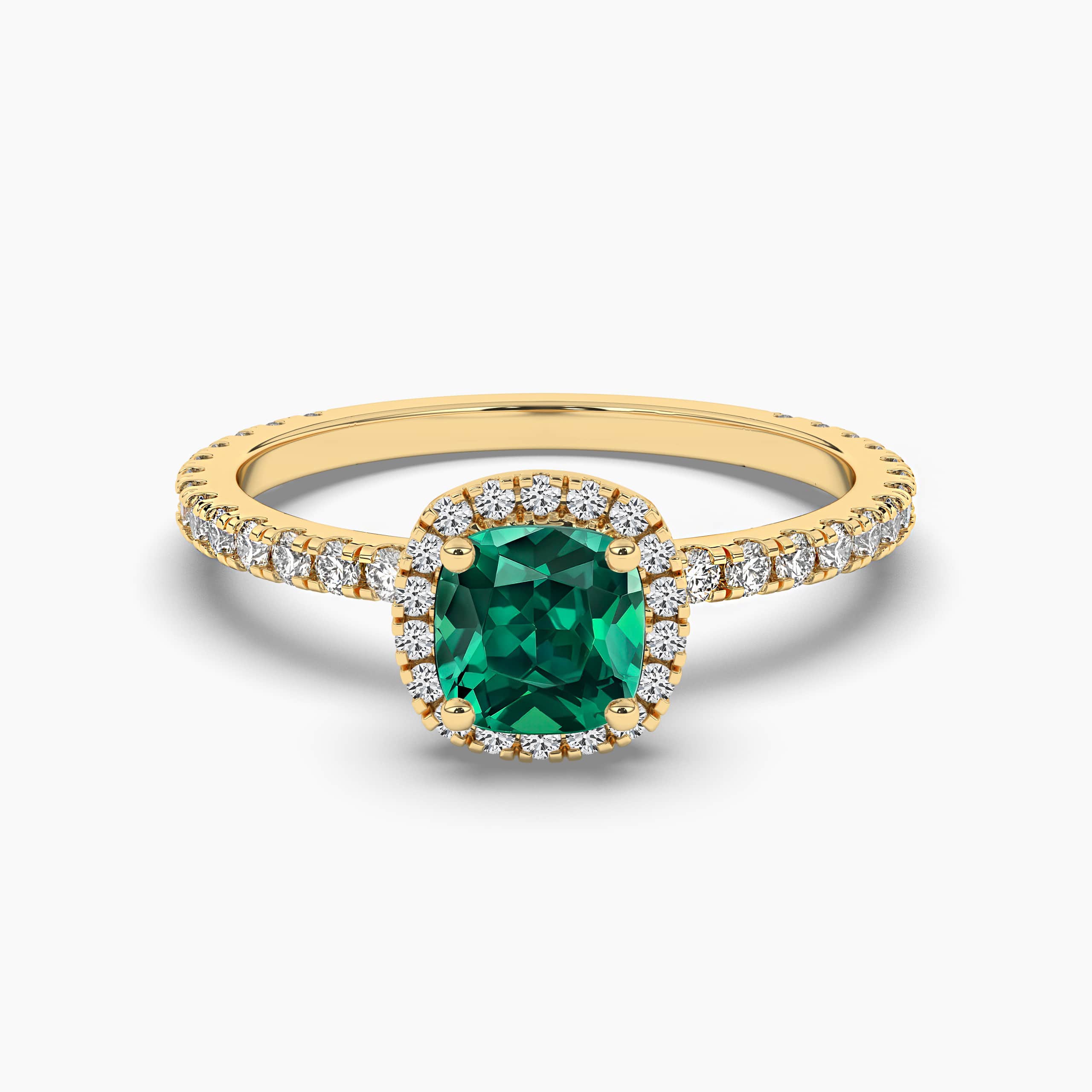 Emerald Cushion Cut Moissanite Halo Yellow Gold Engagement Ring
