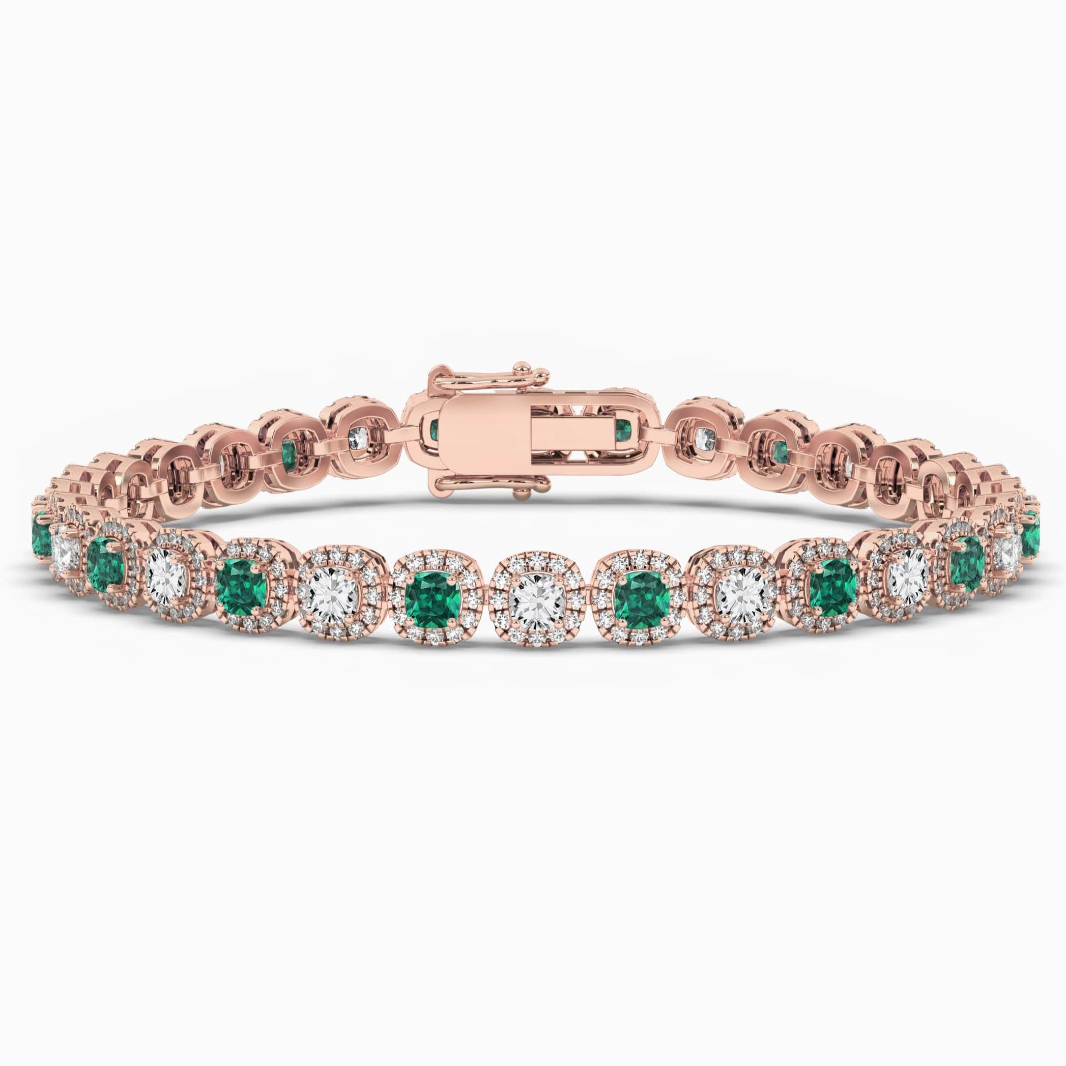 Rose Gold Cushion Cut Green Emerald Halo Tennis Bracelet 