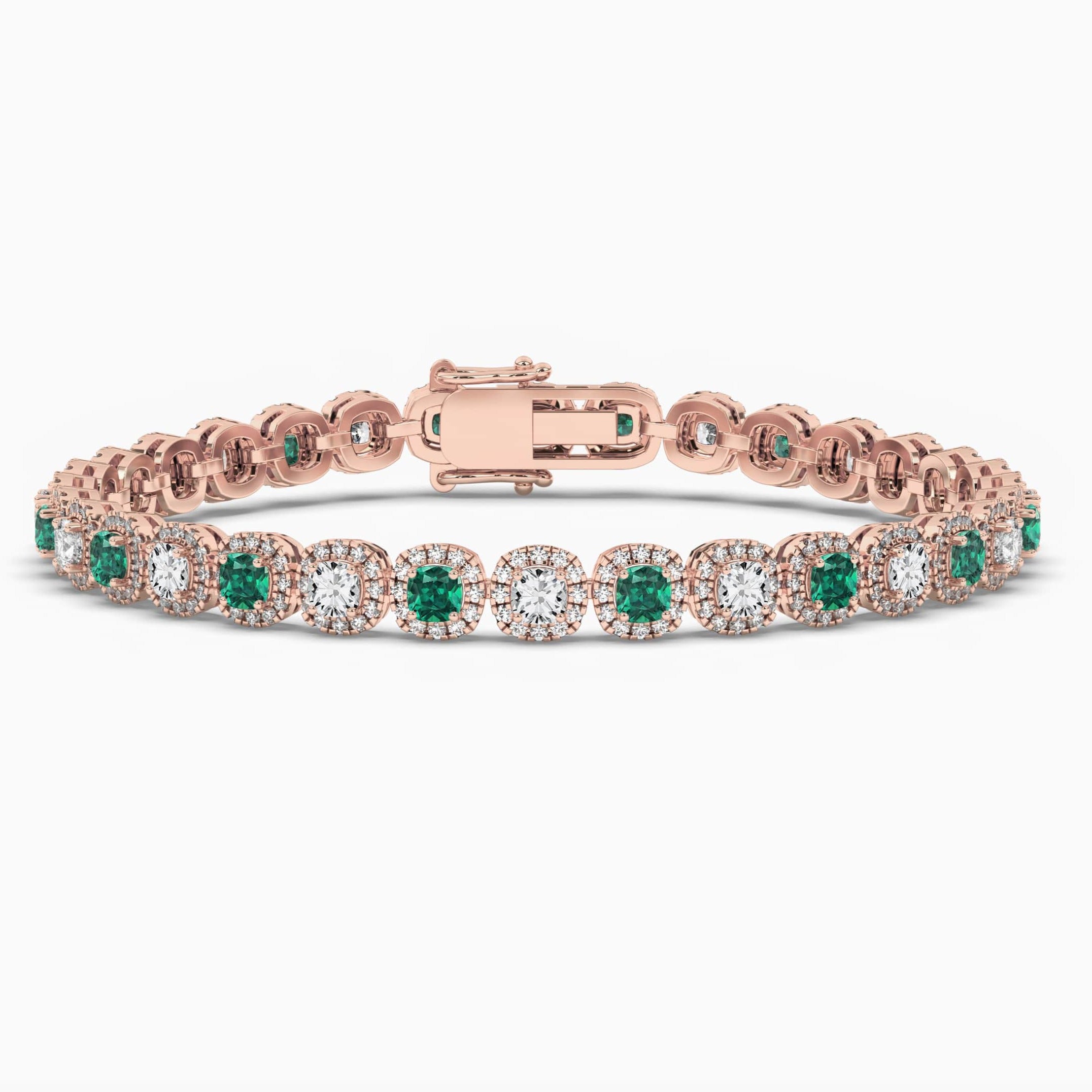 Rose Gold Cushion Cut Green Emerald Halo Tennis Bracelet 