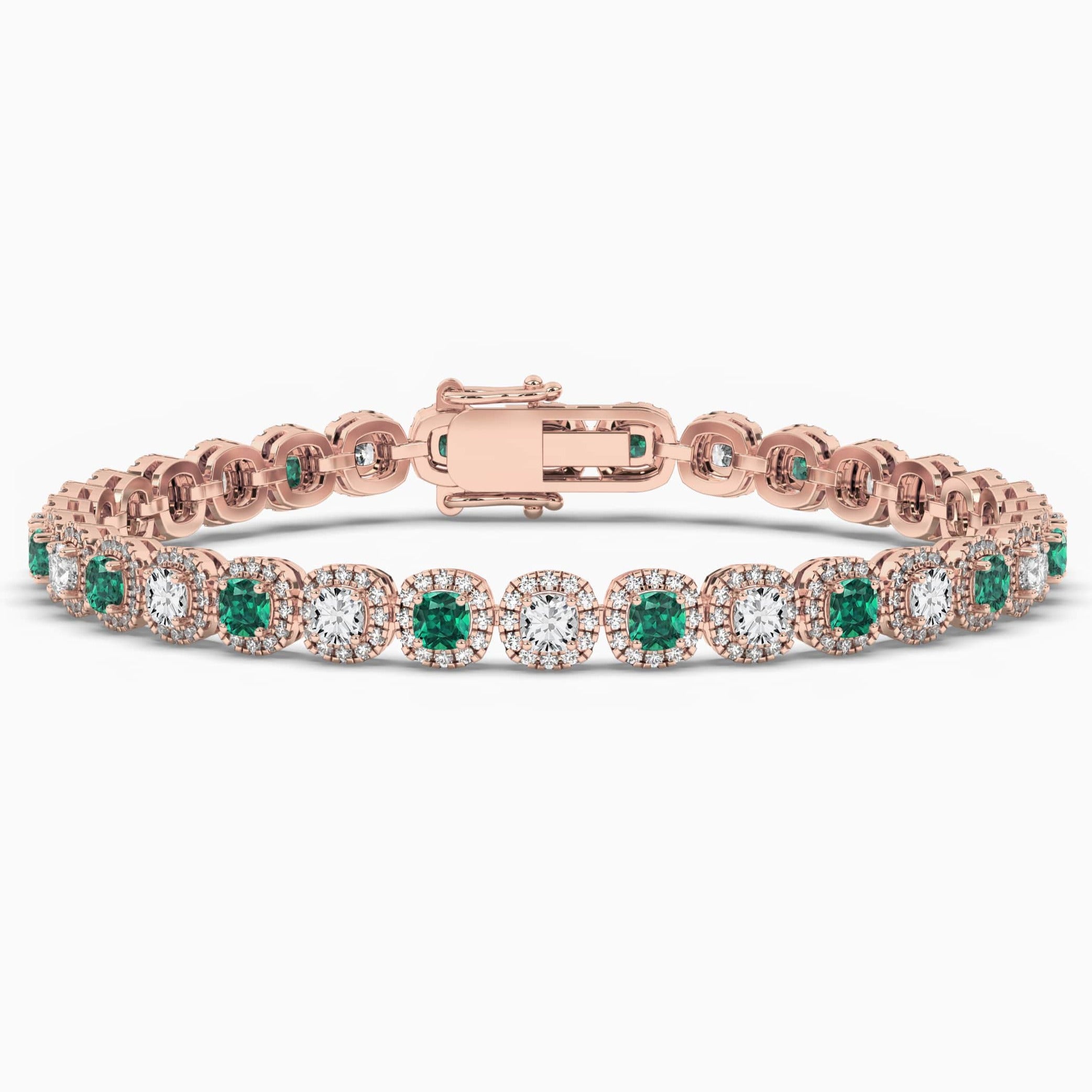 Rose Gold Cushion Cut Green Emerald Halo Tennis Bracelet 