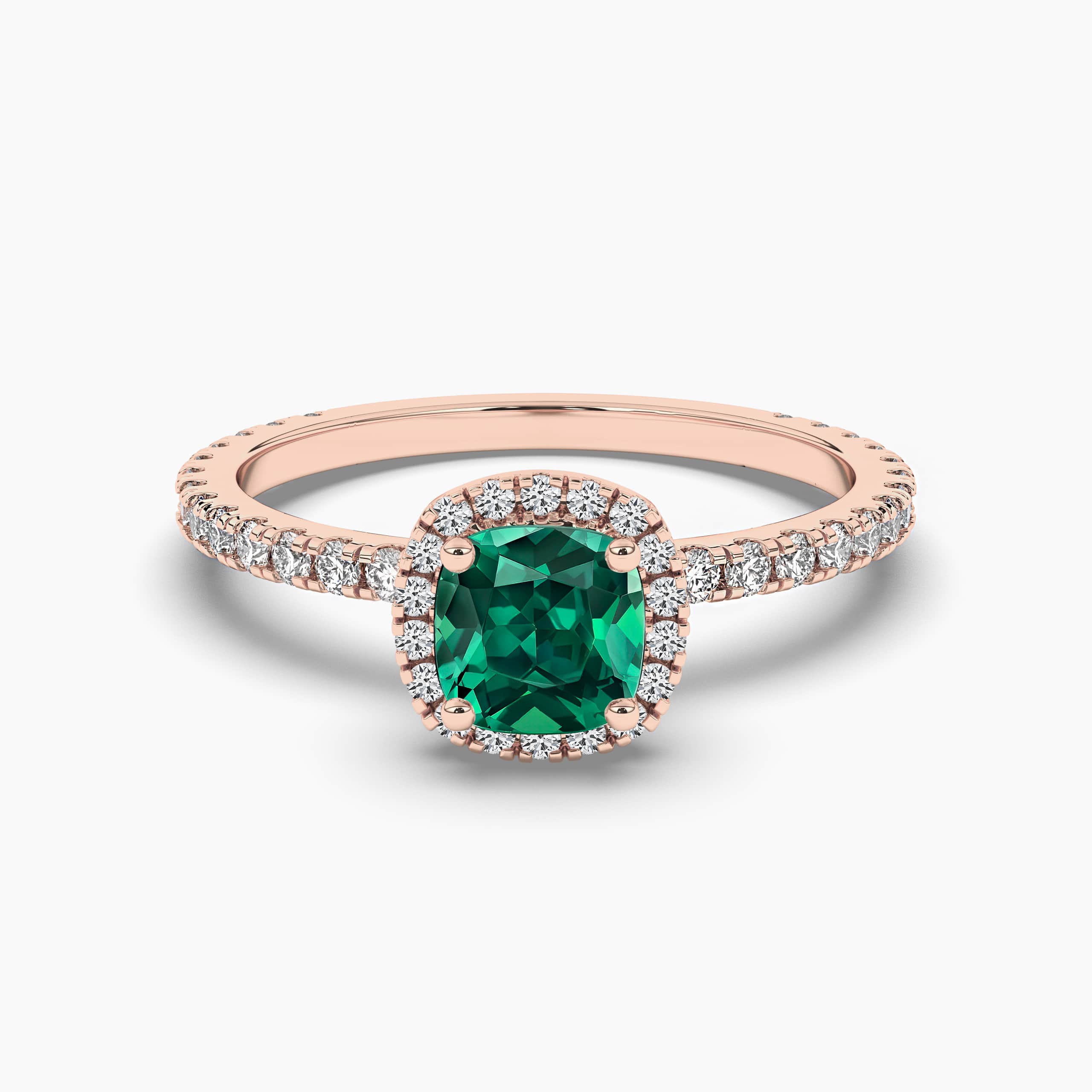 CUSHION CUT HALO EMERALD & DIAMOND ENGAGEMENT RING ROSE GOLD