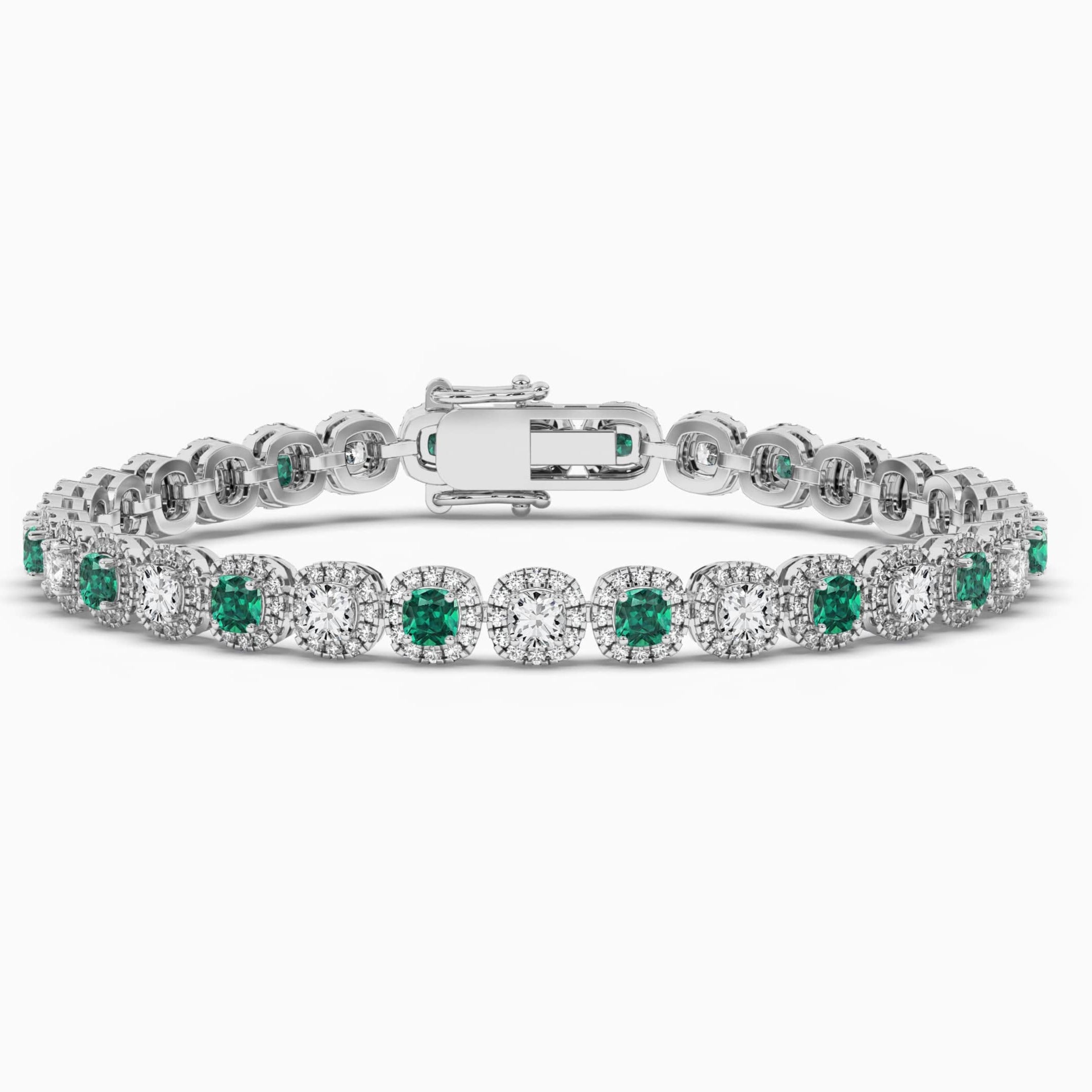 Green Emerald And Cushion Shape Halo Tennis Bracelet  In White Gold 