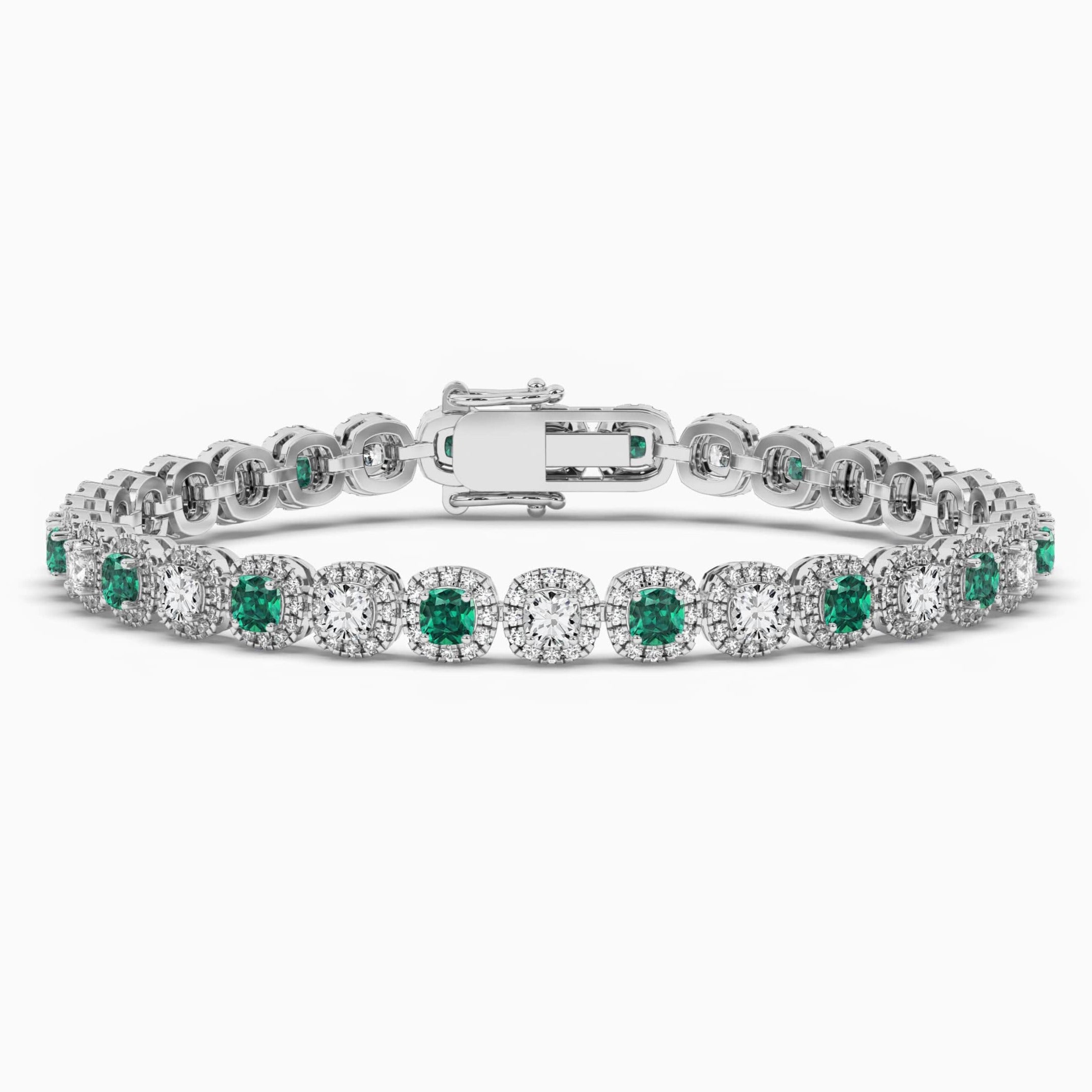 Green Emerald And Cushion Shape Halo Tennis Bracelet  In White Gold 