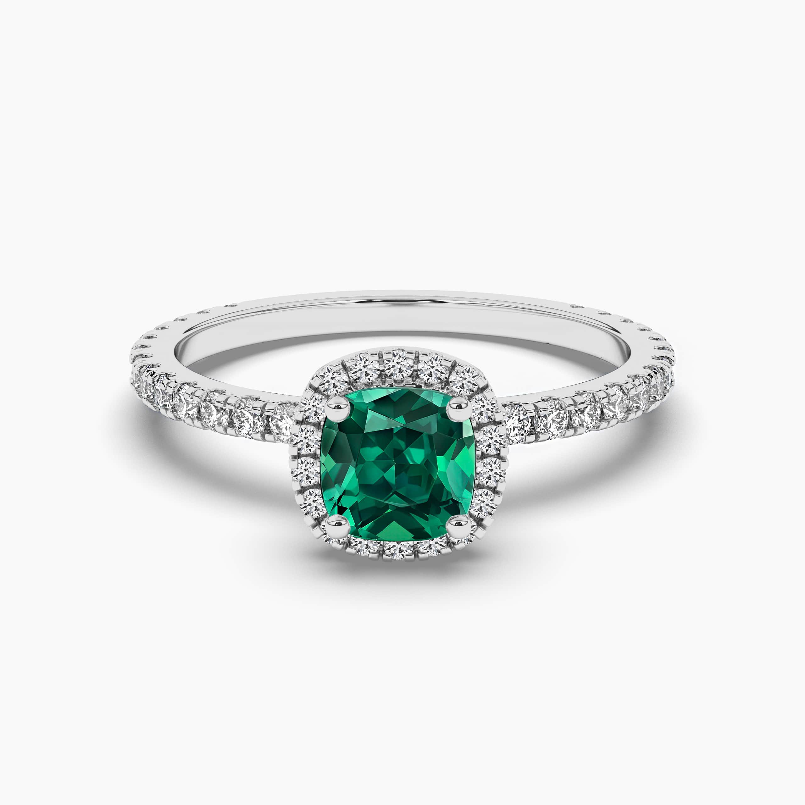 Cushion Cut Lab Created Emerald Halo Women's Ring White Gold