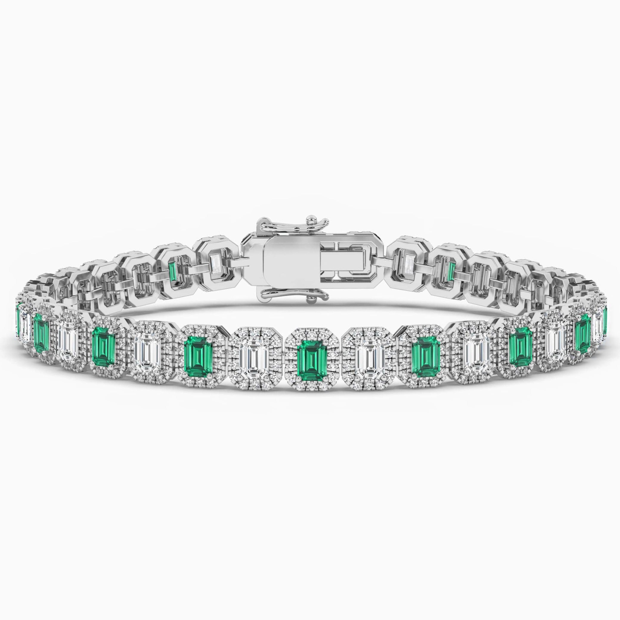 Green Emerald & Diamond Halo Bracelet In White Gold