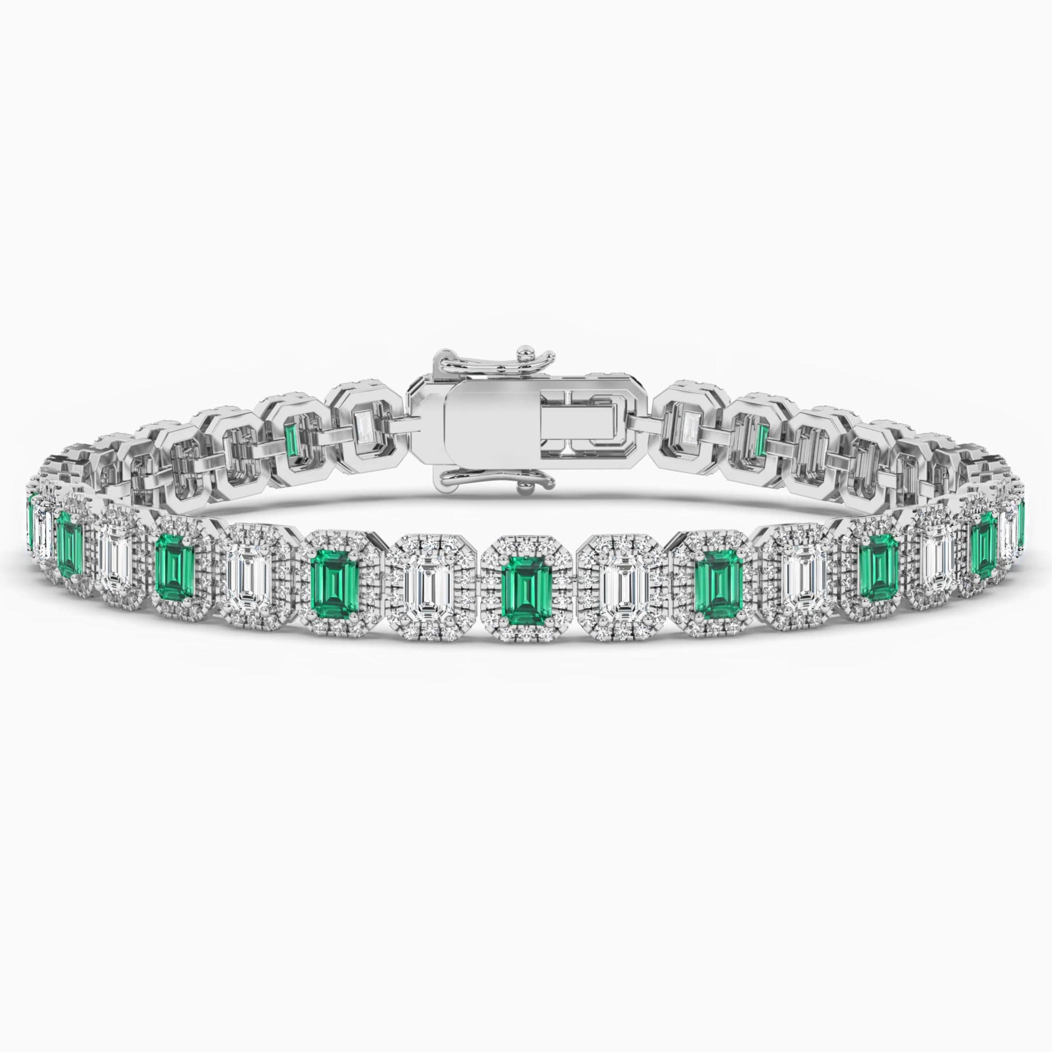 Green Emerald & Diamond Halo Bracelet In White Gold
