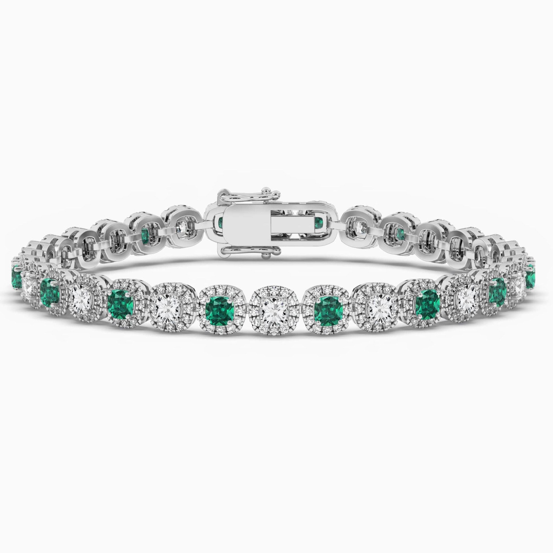 Green Emerald And Cushion Shape Halo Tennis Bracelet  In White Gold 