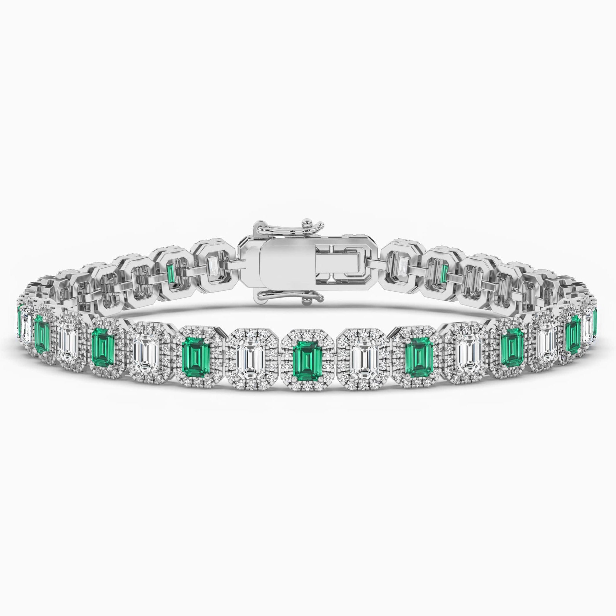 Green Emerald & Diamond Halo Bracelet In White Gold