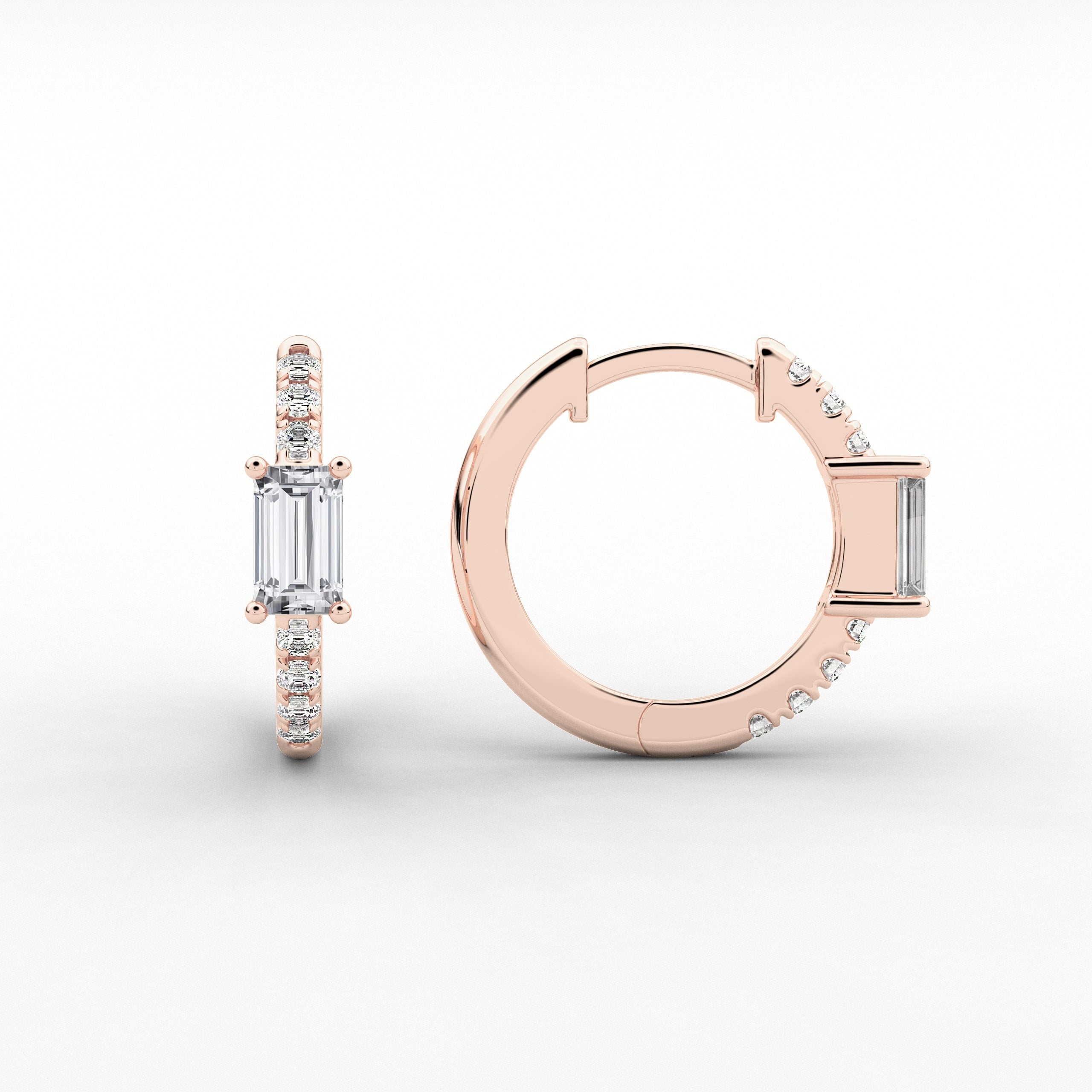 Rose Gold Baguette Cut Diamond In Side Stones Round Hoops