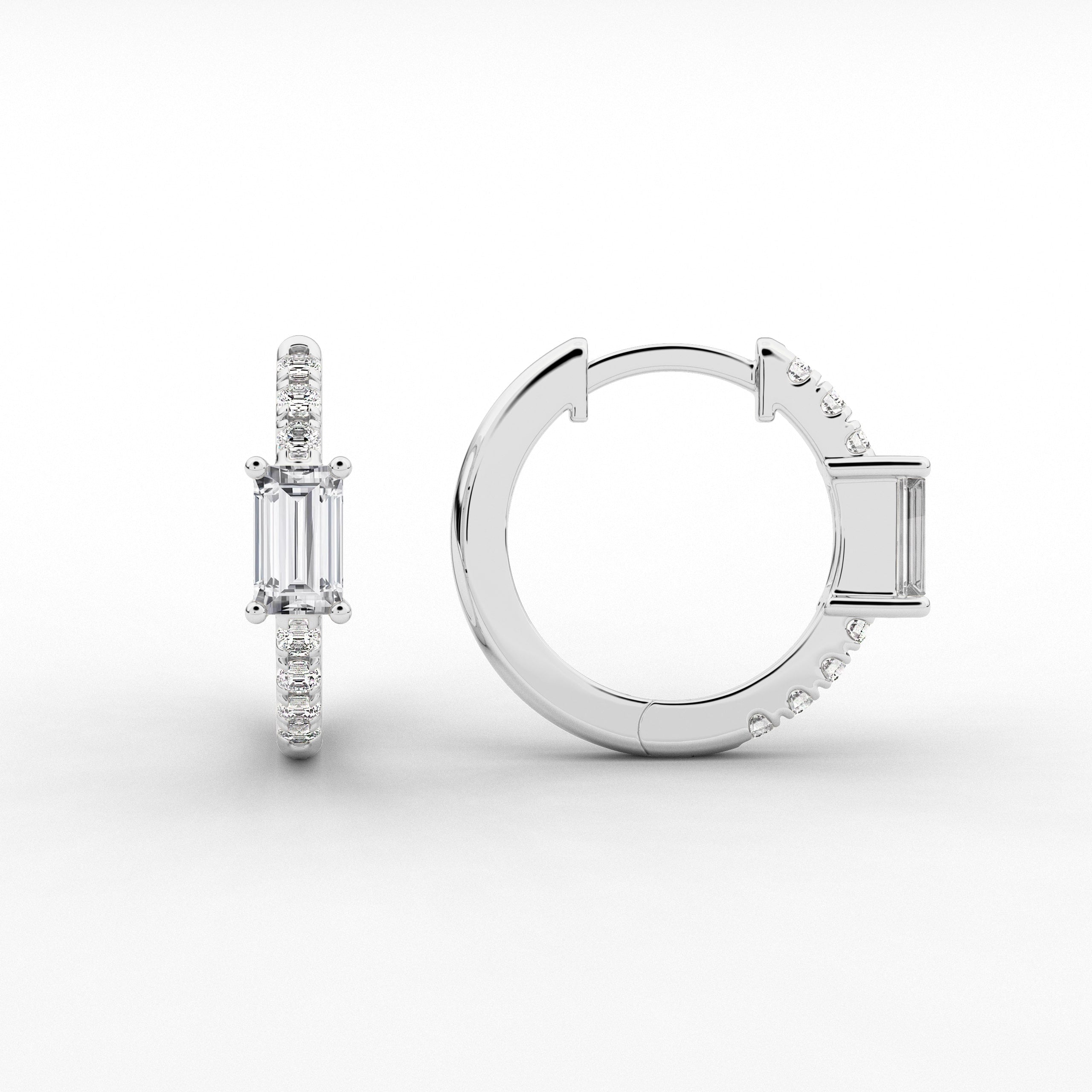 Baguette Cut Hoop Withe Side Stones For Engagement In White Gold