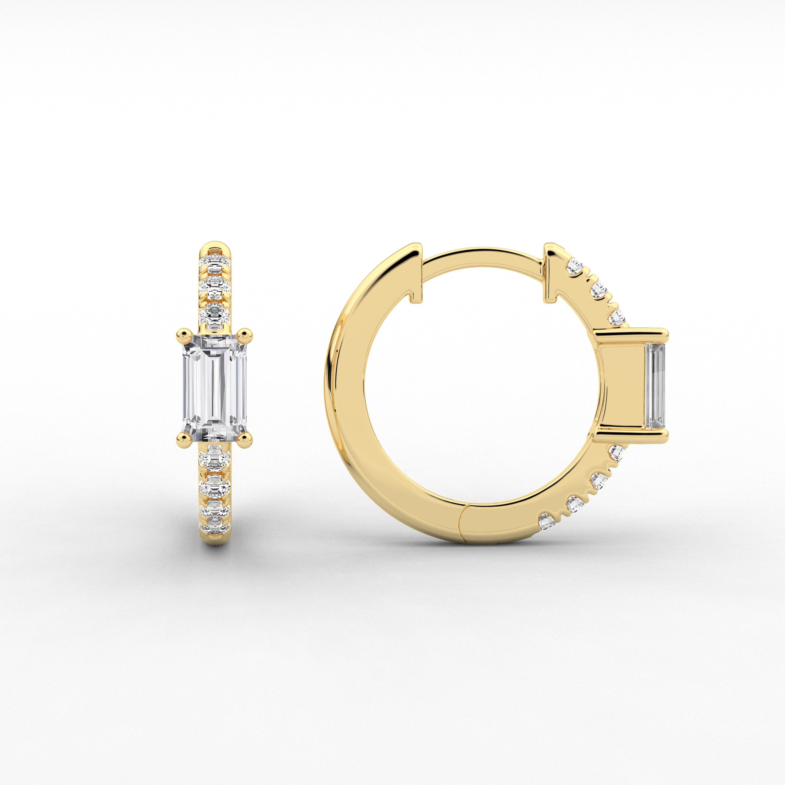 Baguette Cut Hoop Withe Side Stones For Engagement In Yellow Gold