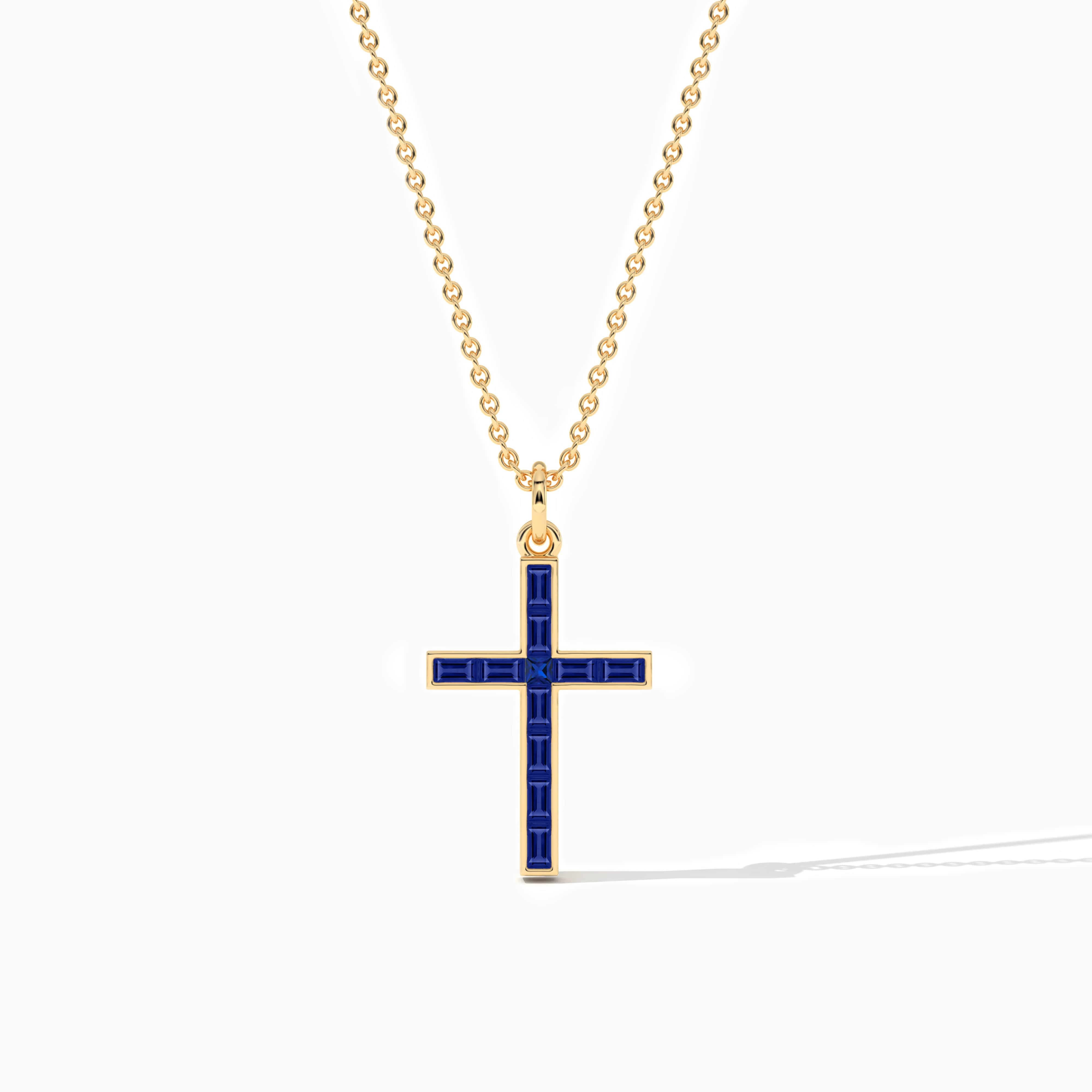 Blue Sapphire Baguette Cross Pendant Gold