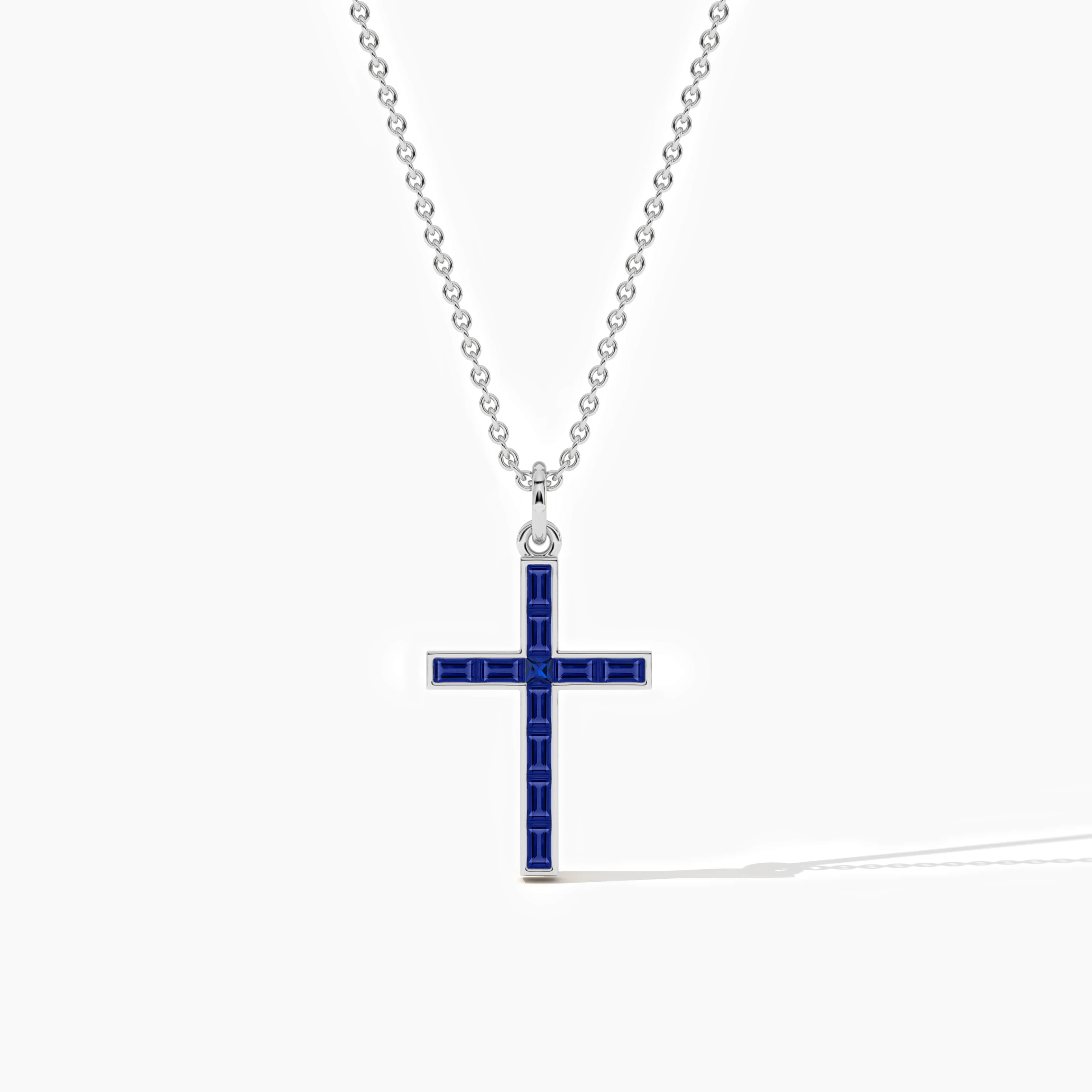 Blue Sapphire Baguette Cross Pendant Gold