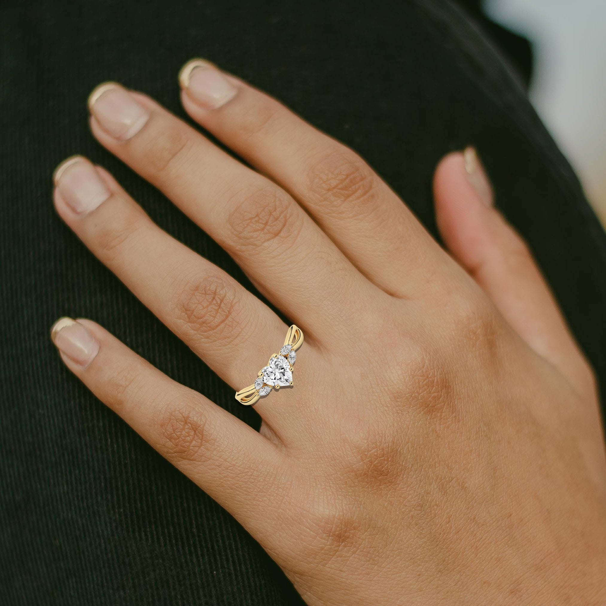 Nature inspired Heart Shape Ring With Side Stone Marquise Diamond 