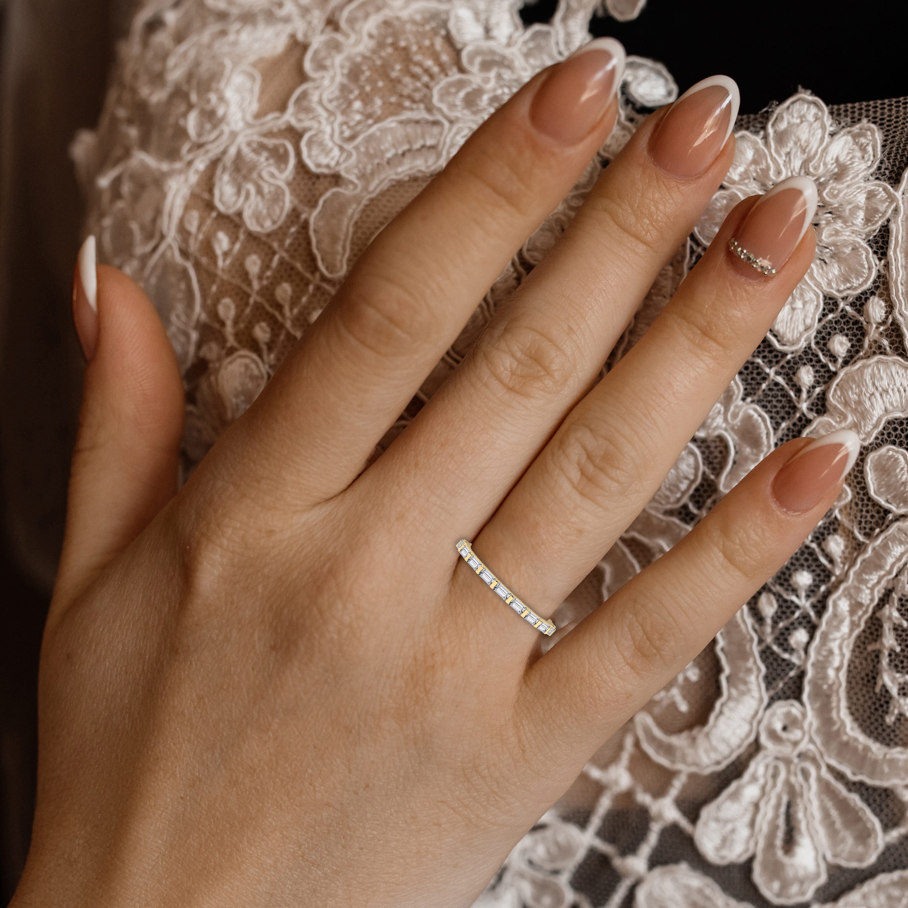 Half Eternity  Geometric Ring with Baguette  Diamonds