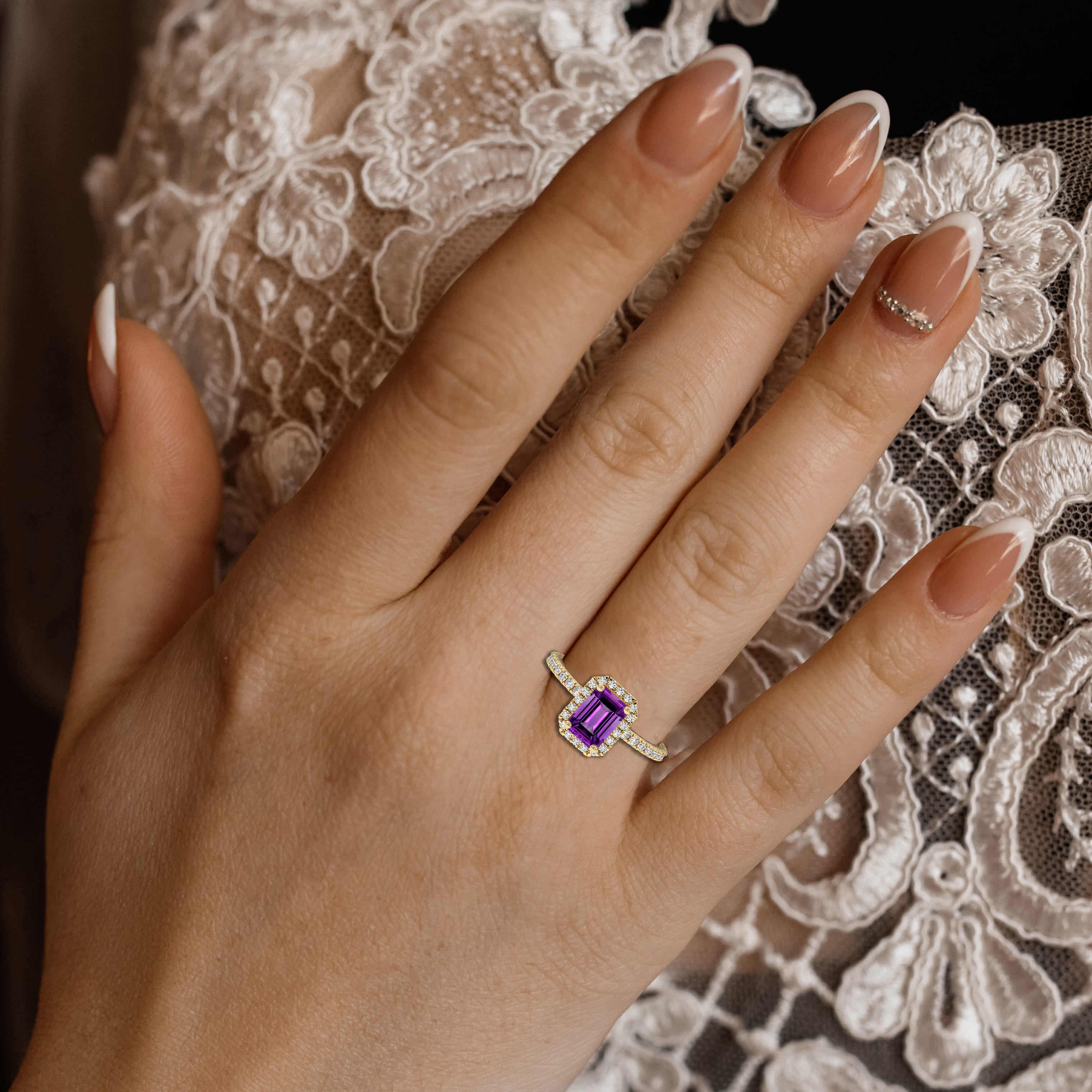 Emerald-Cut Amethyst Halo Engagement Ring