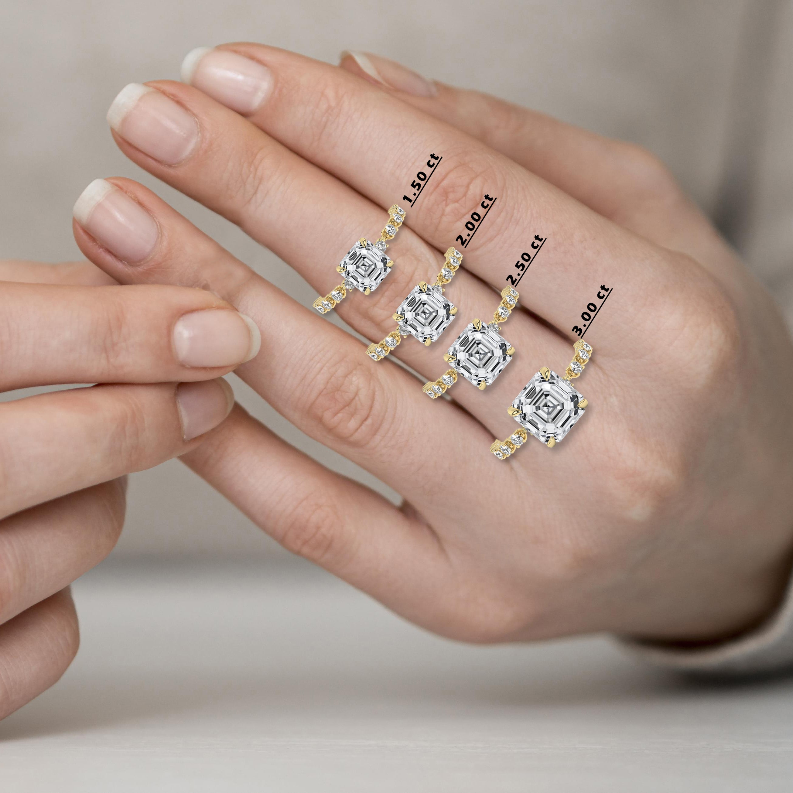 Asscher cut diamond engagement ring on woman hand 