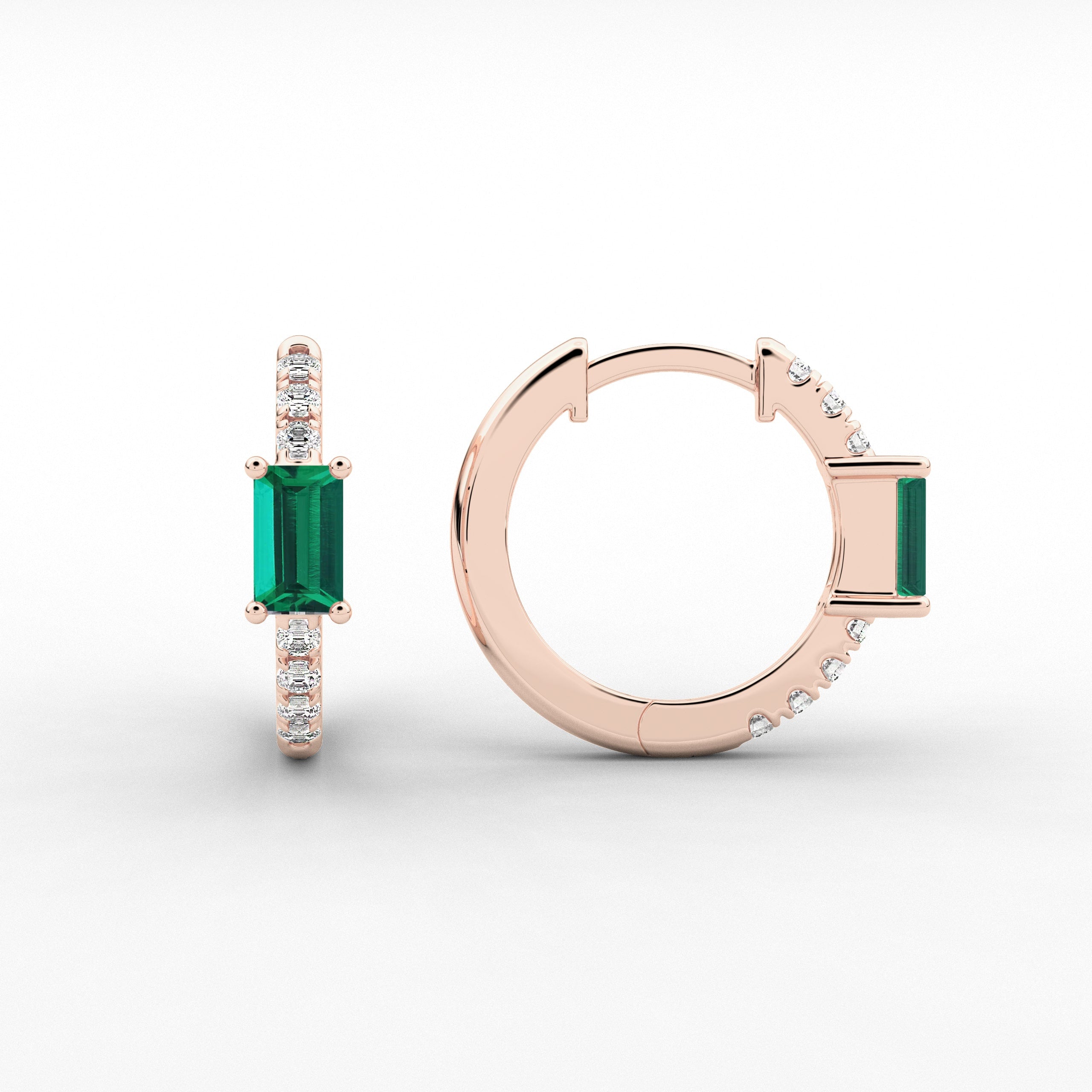  Green Emerald And Baguette Cut Moissanite Diamond Hoop Earring In Rose Gold