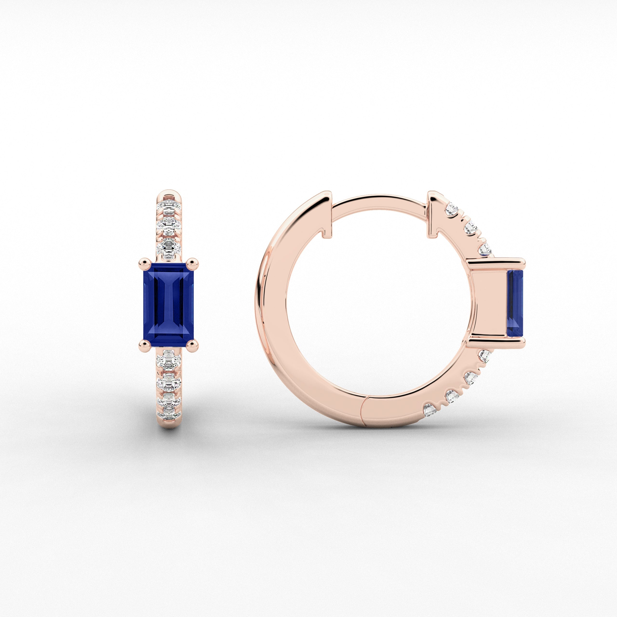  Baguette And Blue Sapphire Moissanite Diamond Engagement Hoop Earring In Rose Gold