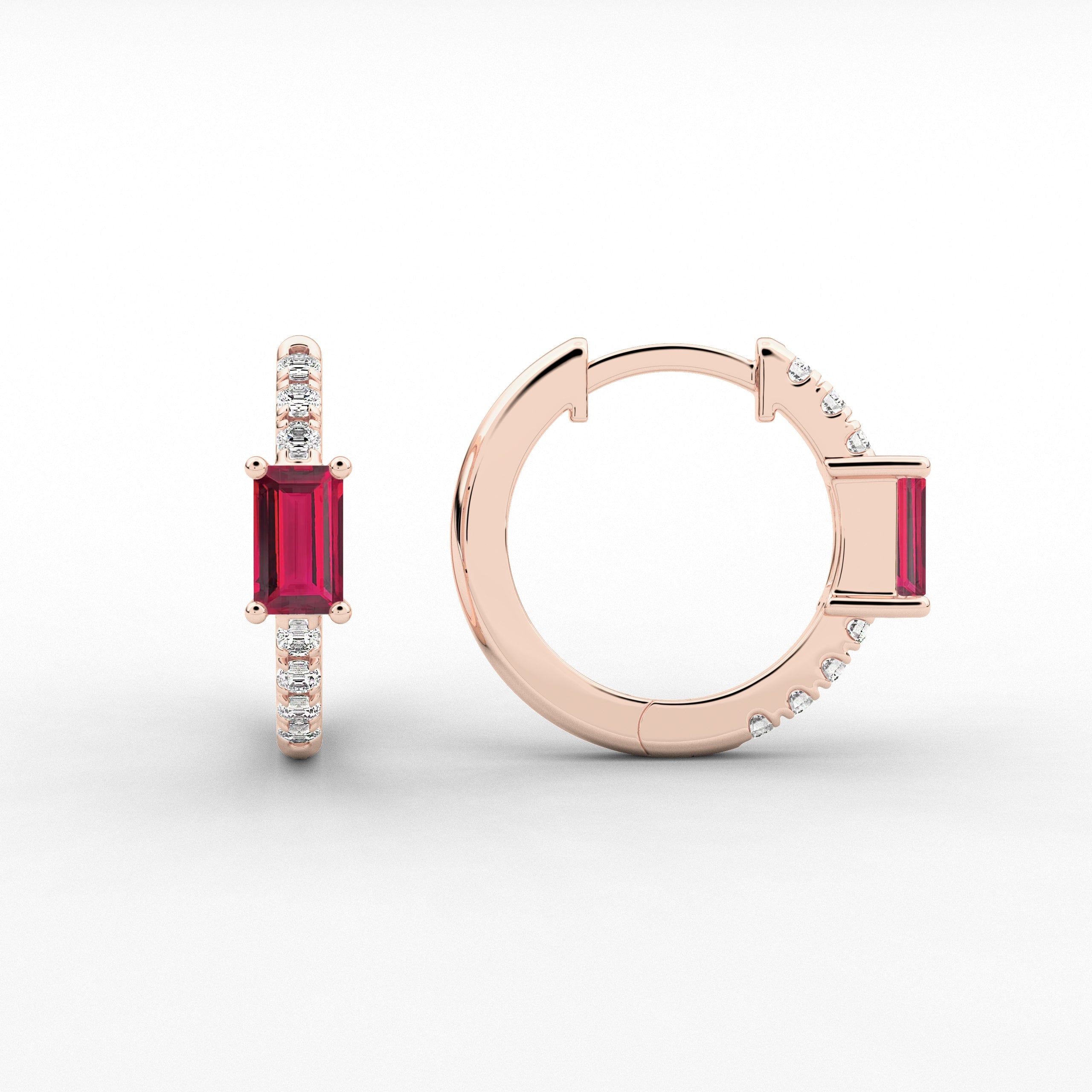Rose Gold Hoop Earring In Ruby And Baguette Cut Moissanite Diamond Engagement Gift