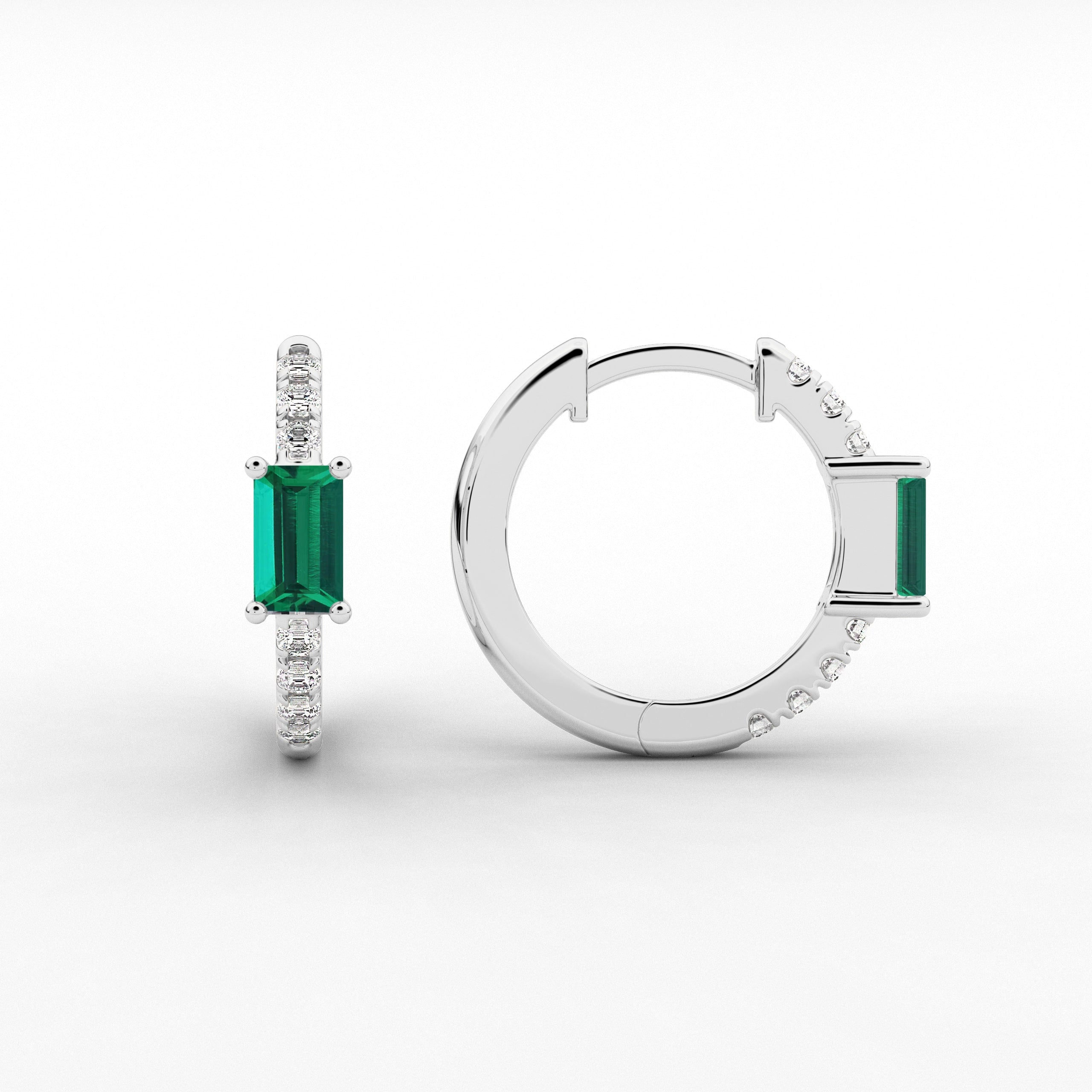 White Gold Baguette And green Emerald Diamond Wedding Hoop Earring