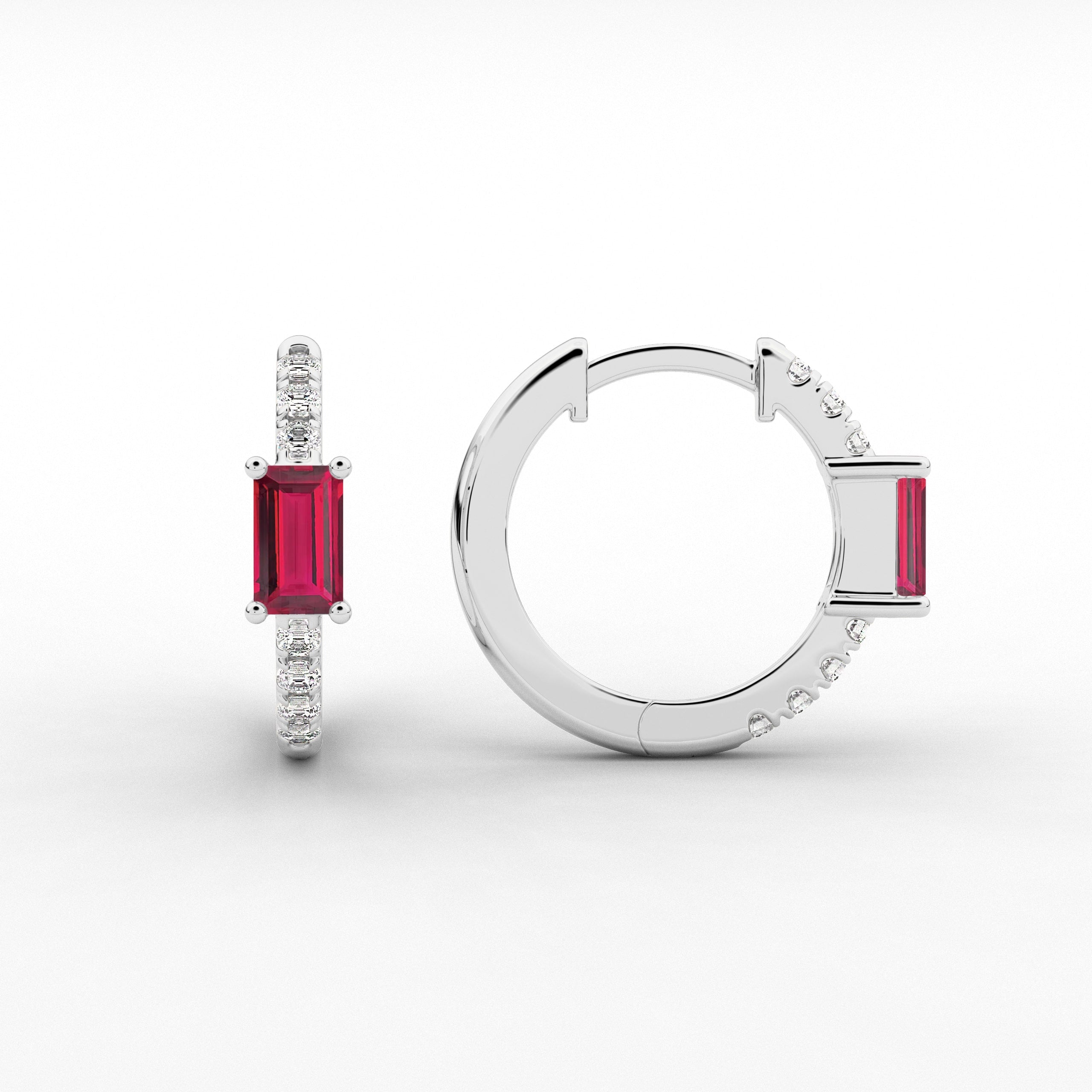 White Gold Hoop Earring In Ruby And Baguette Cut Moissanite Diamond Engagement Gift