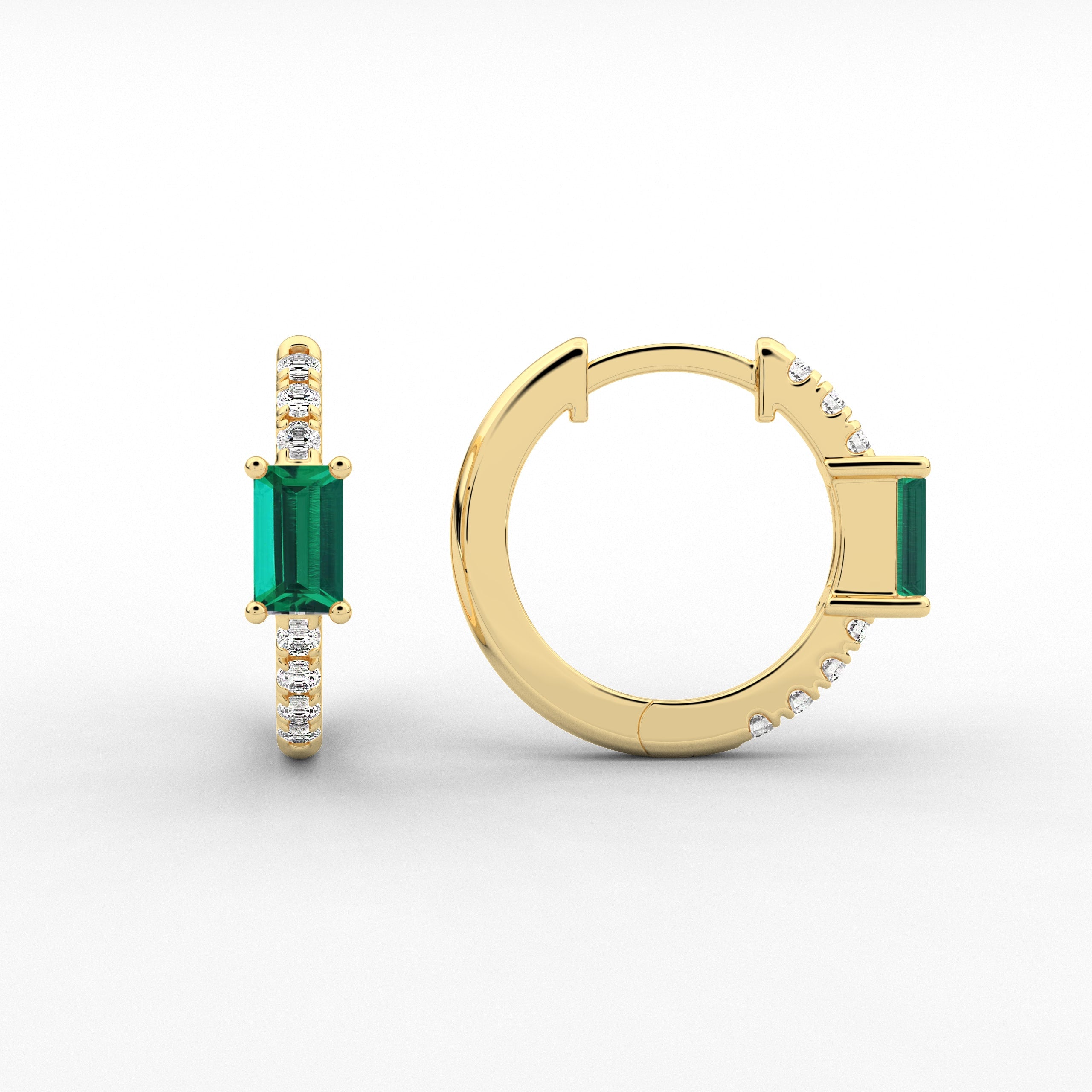 Yellow Gold Baguette And green Emerald Diamond Wedding Hoop Earring 