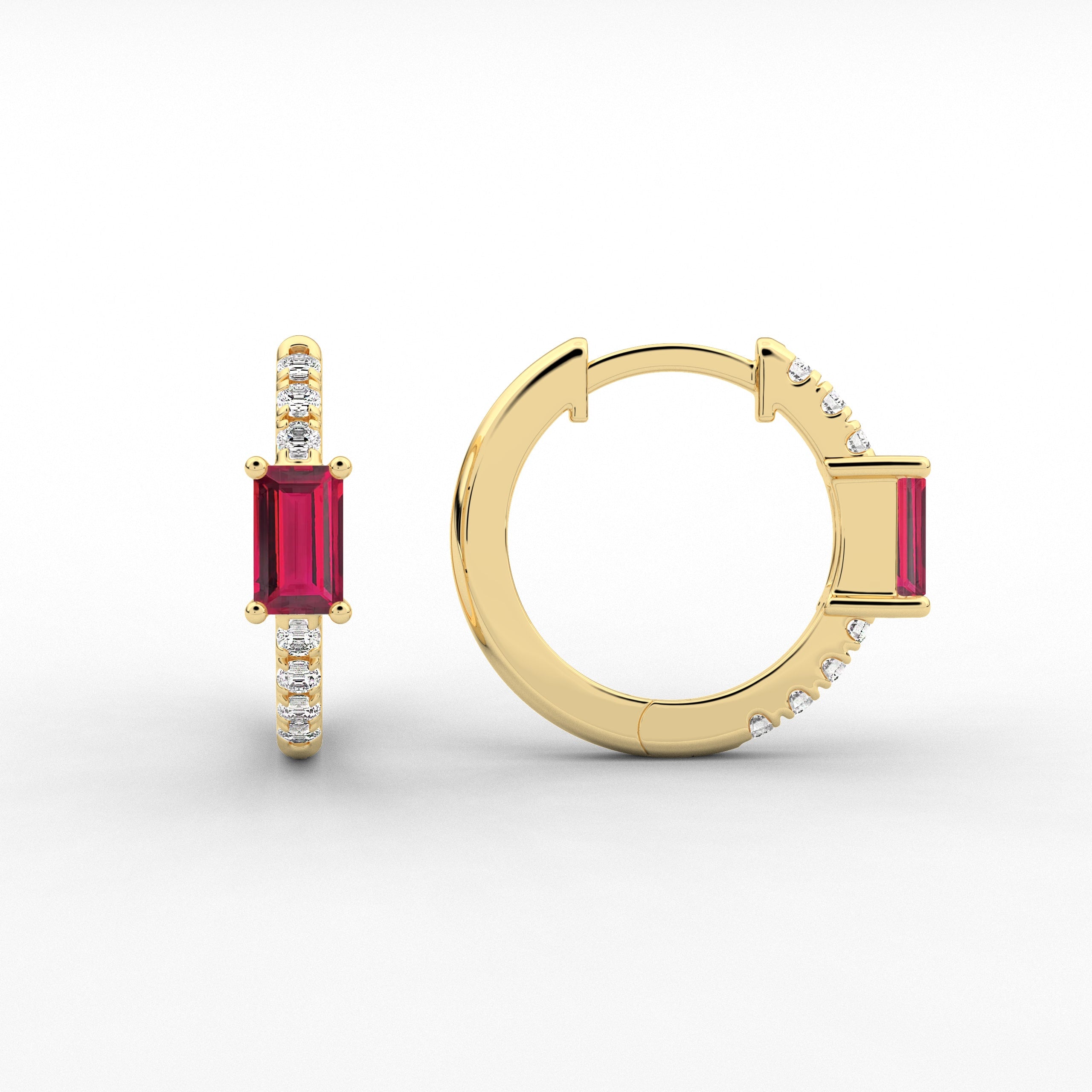 Yellow Gold Baguette And Ruby Wedding Hoop Earring 