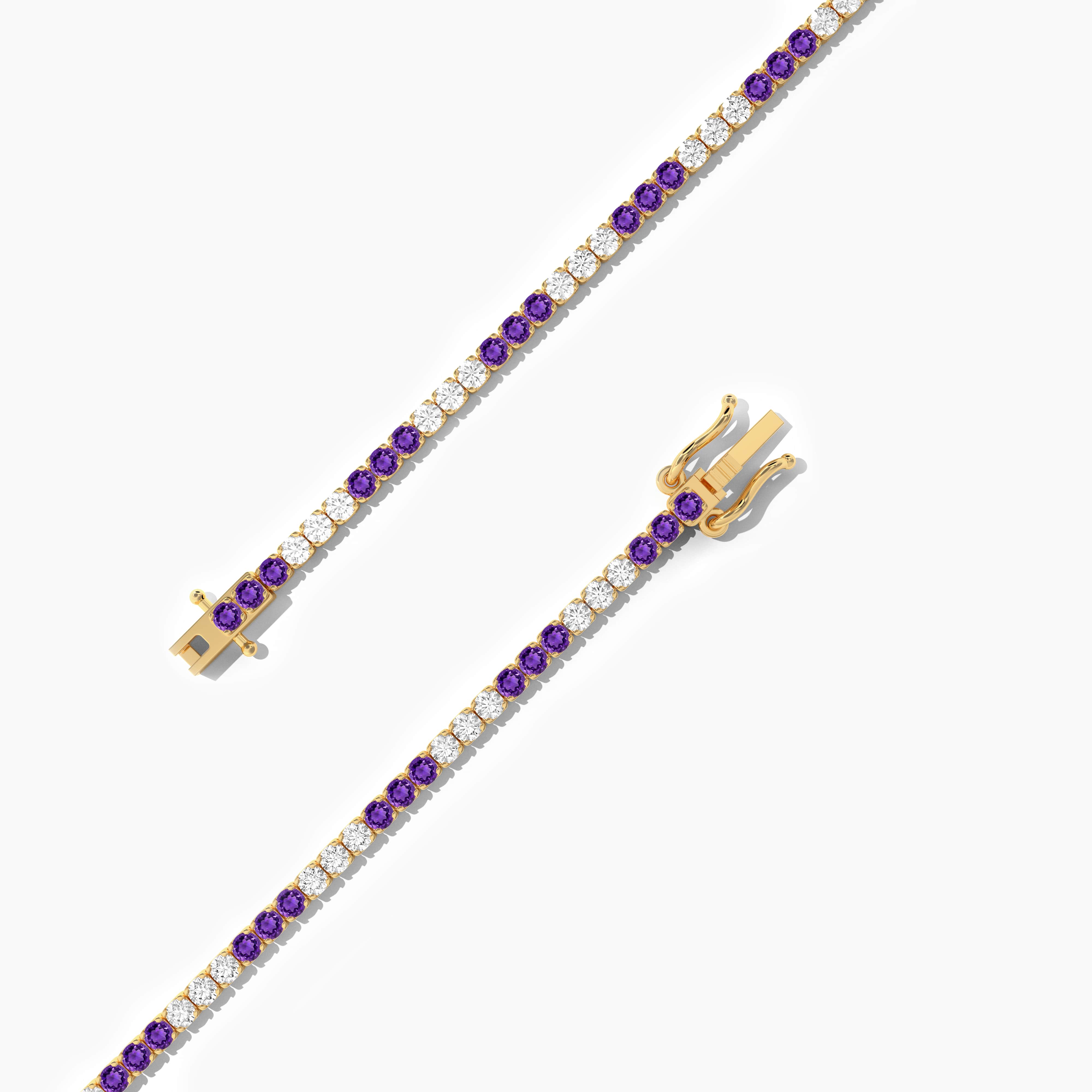 amethyst and diamond tennis bracelet in yellow gold