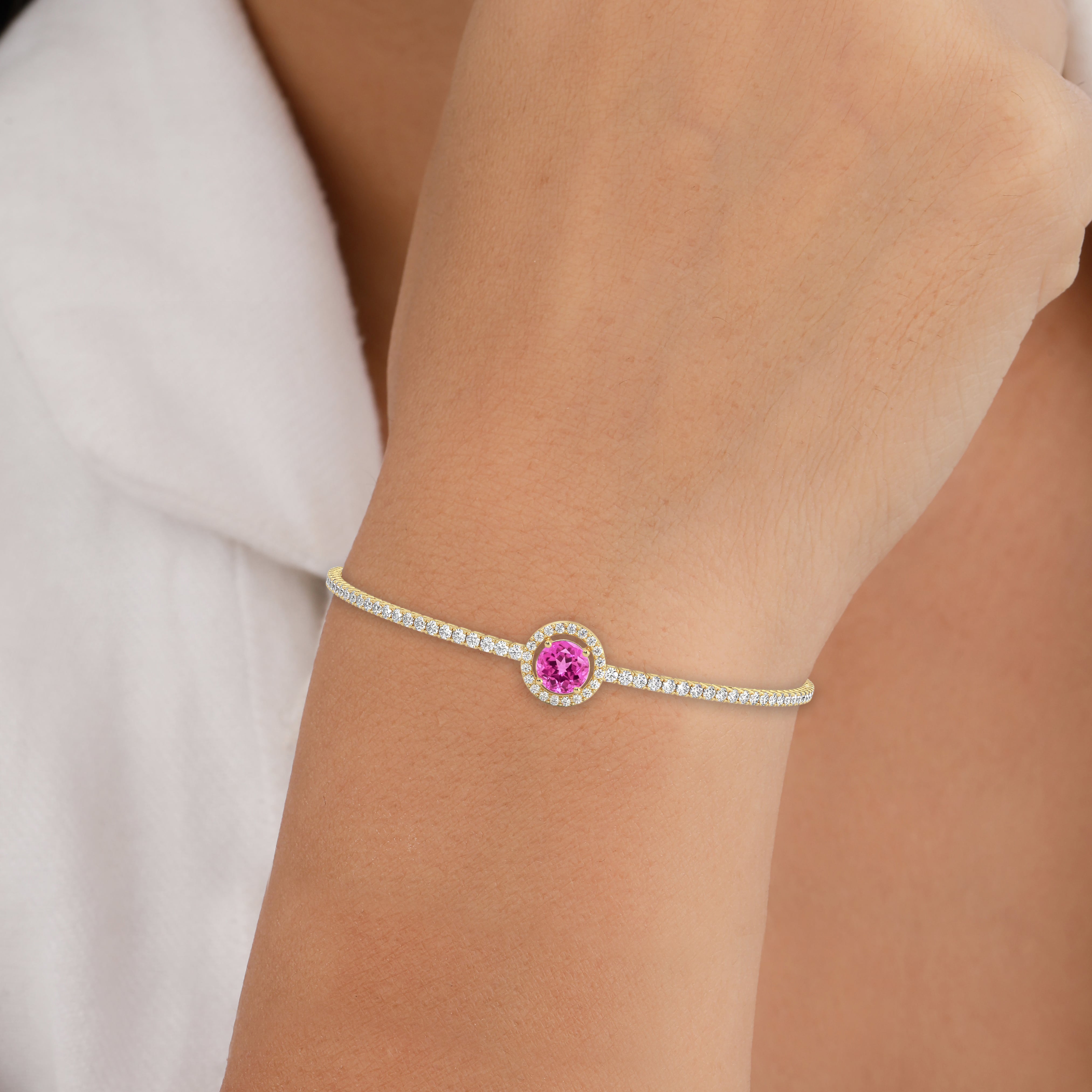 Round Pink Tourmaline Solitaire Station Minimalist Bracelet