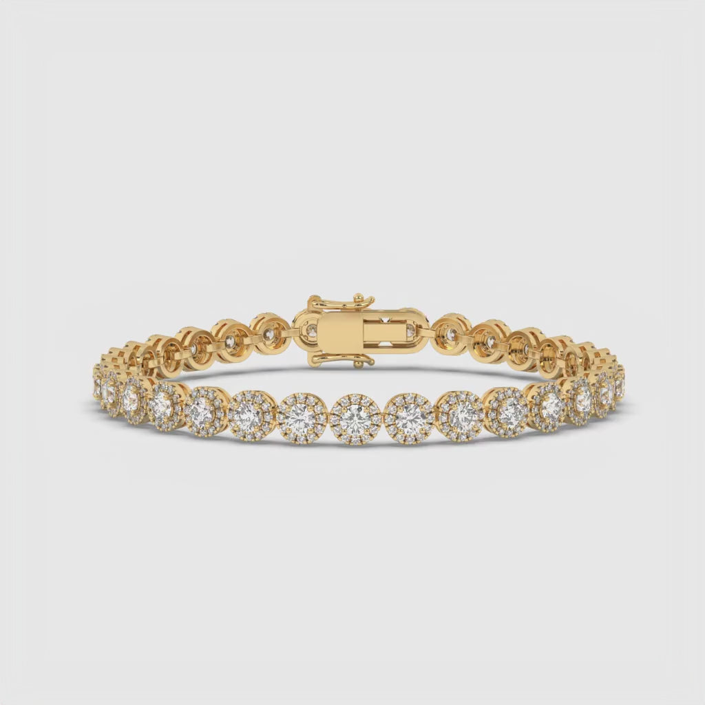 DIAMOND HALO STYLE TENNIS BRACELET YELLOW GOLD