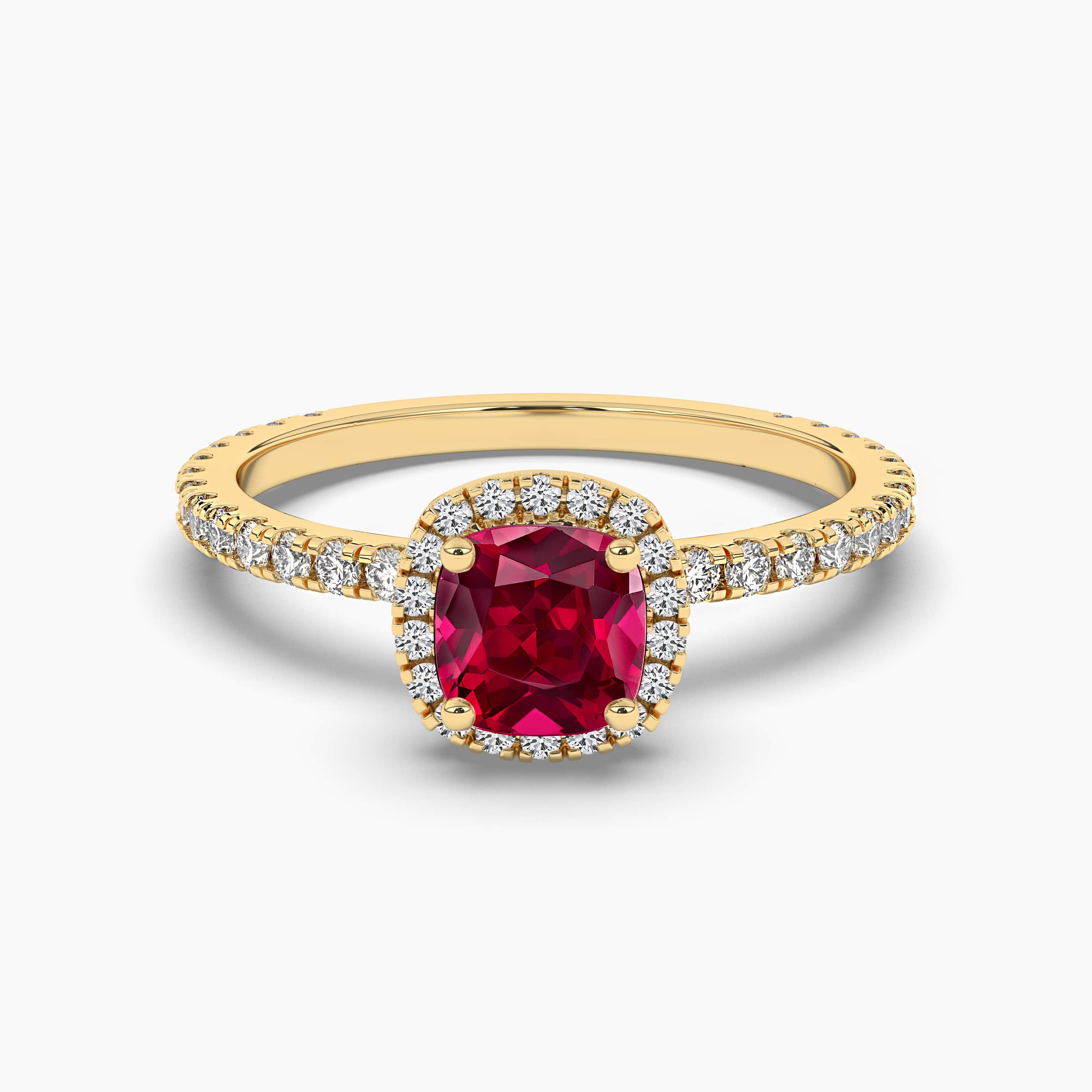 Cushion Cut Ruby and Halo Diamond Ring In Yellow Gold