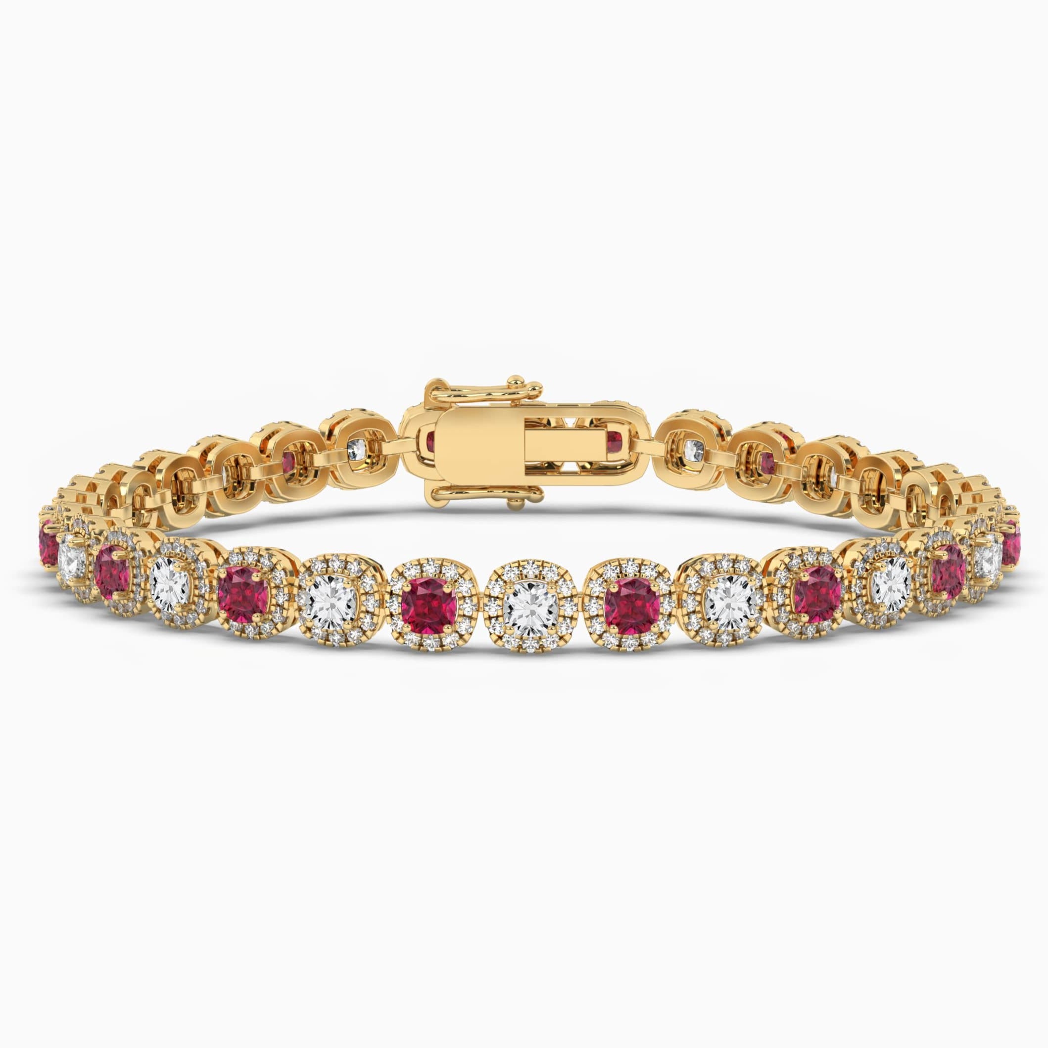 Cushion Cut Ruby and Diamond Bracelet In Yellow Gold