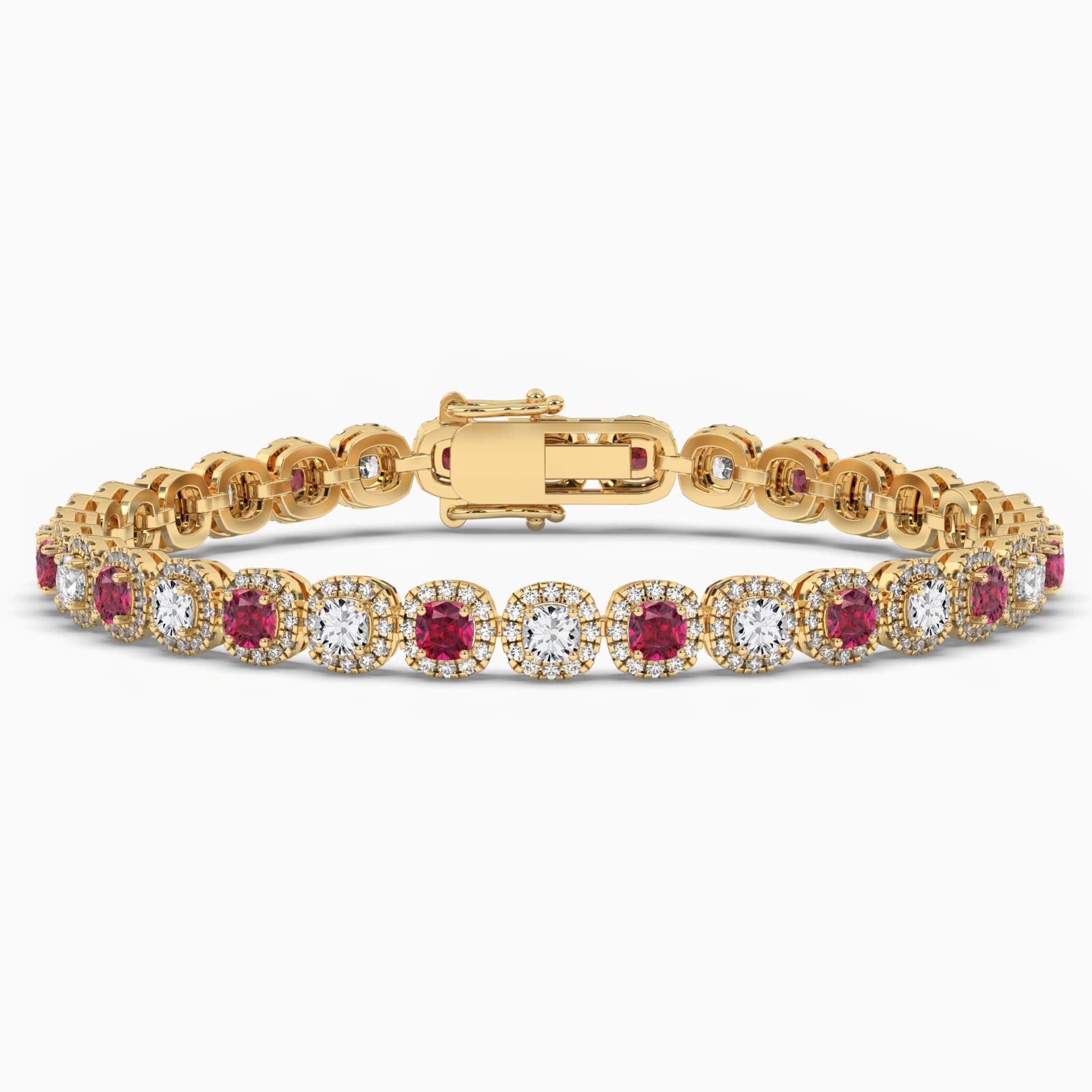 Cushion Cut Ruby and Diamond Bracelet In Yellow Gold