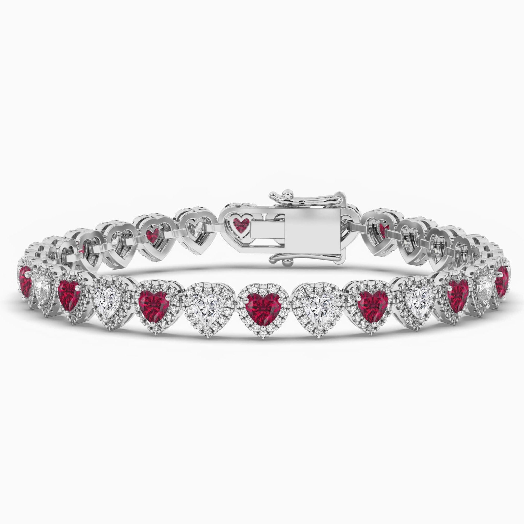 Ruby and Lab Diamond Heart Halo White Gold Tennis Bracelet