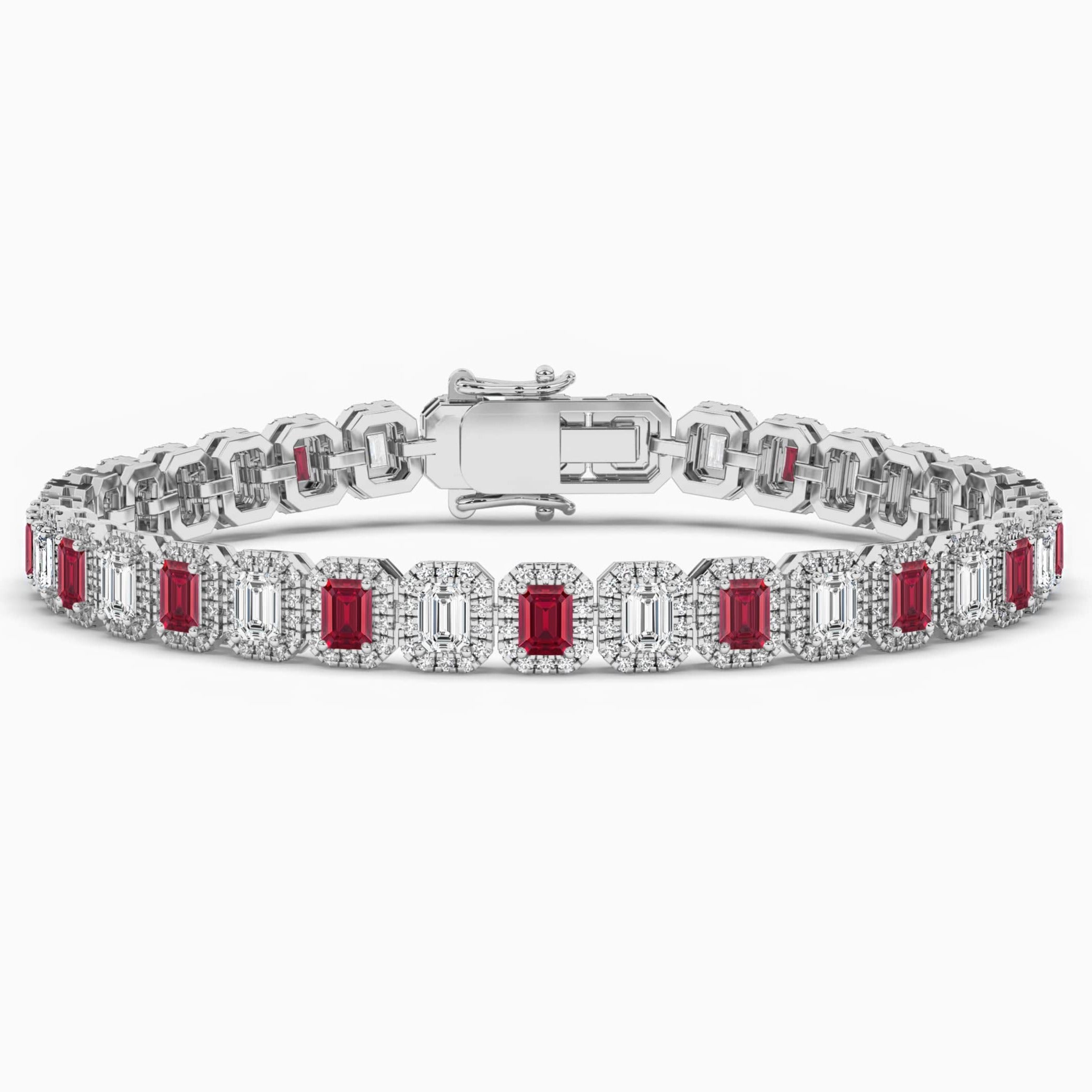 Emerald Cut Ruby Gemstones Halo Bracelet 