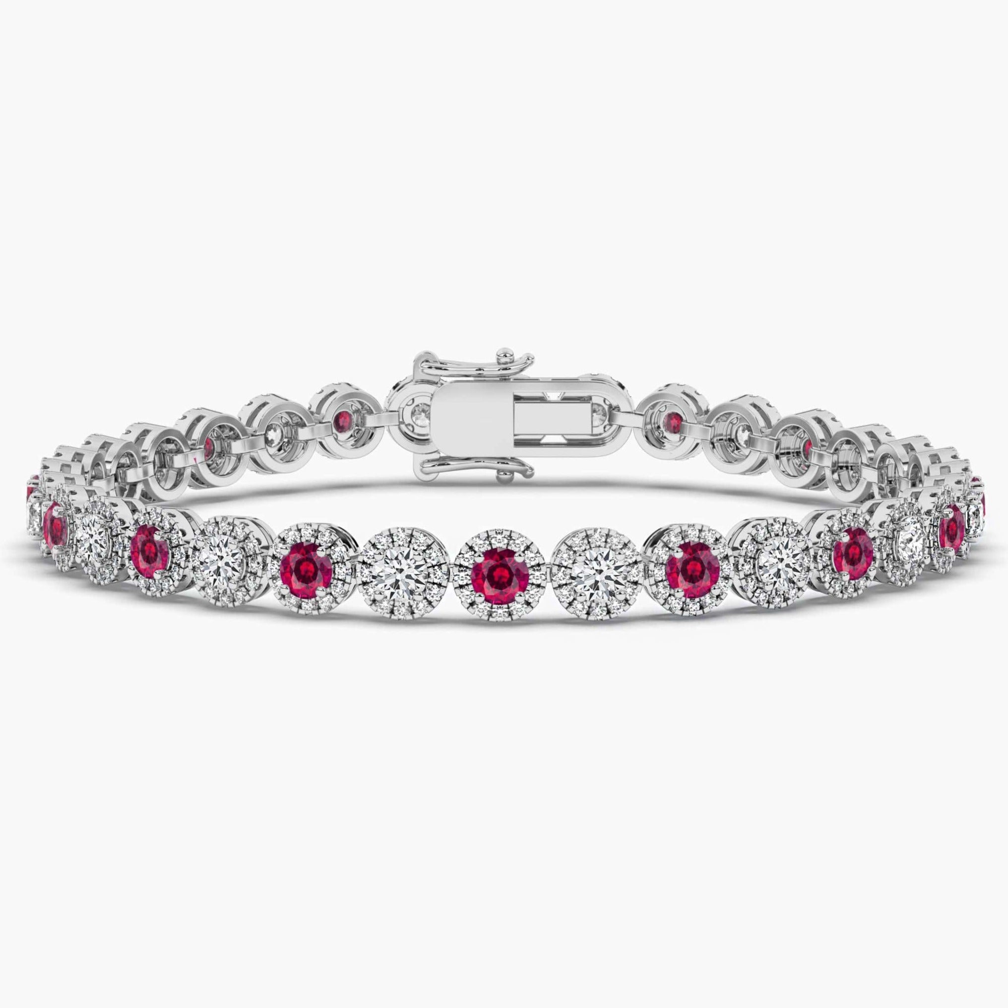 White Gold Ruby & Diamond Halo Style Tennis Bracelet