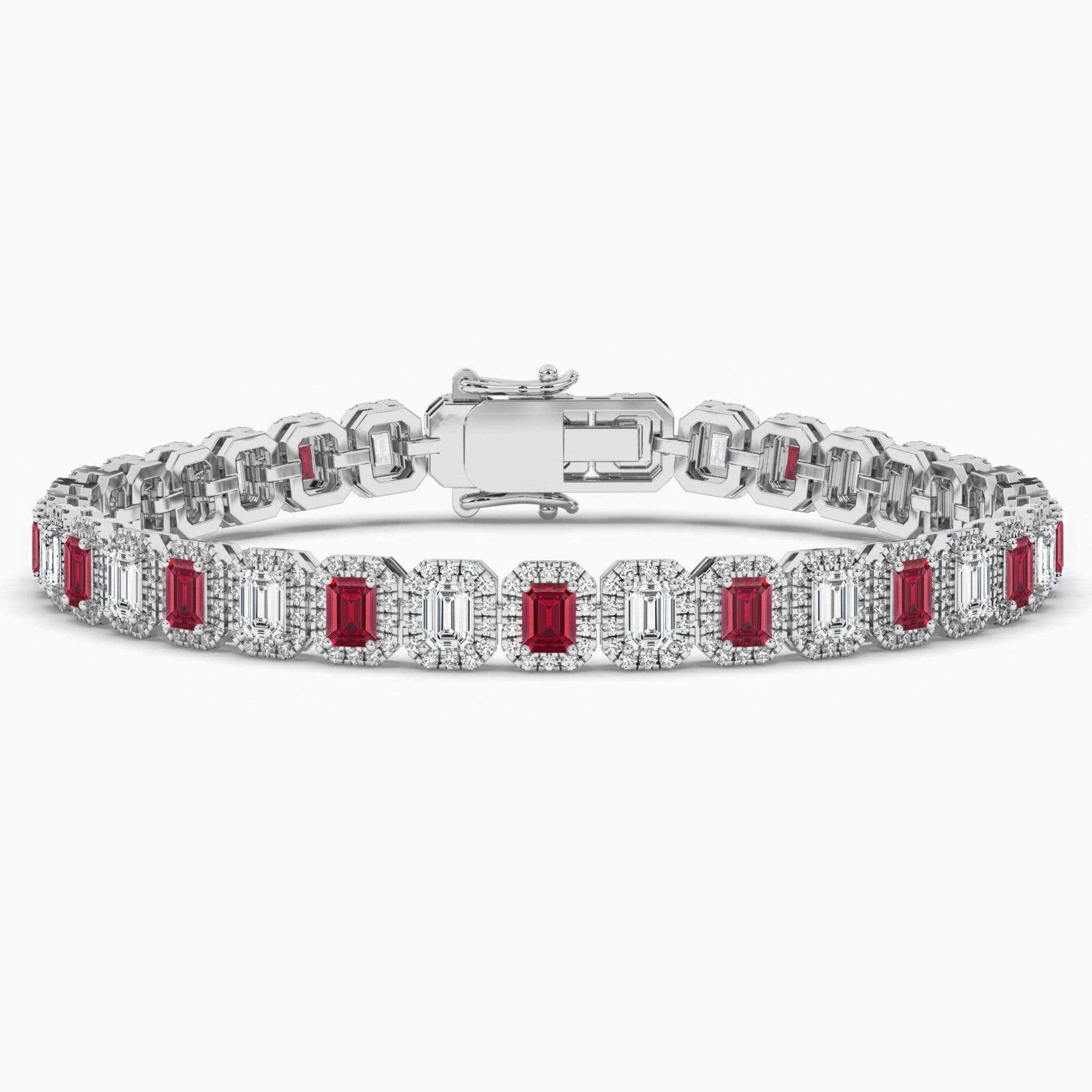 Emerald Cut Ruby Gemstones Halo Bracelet 