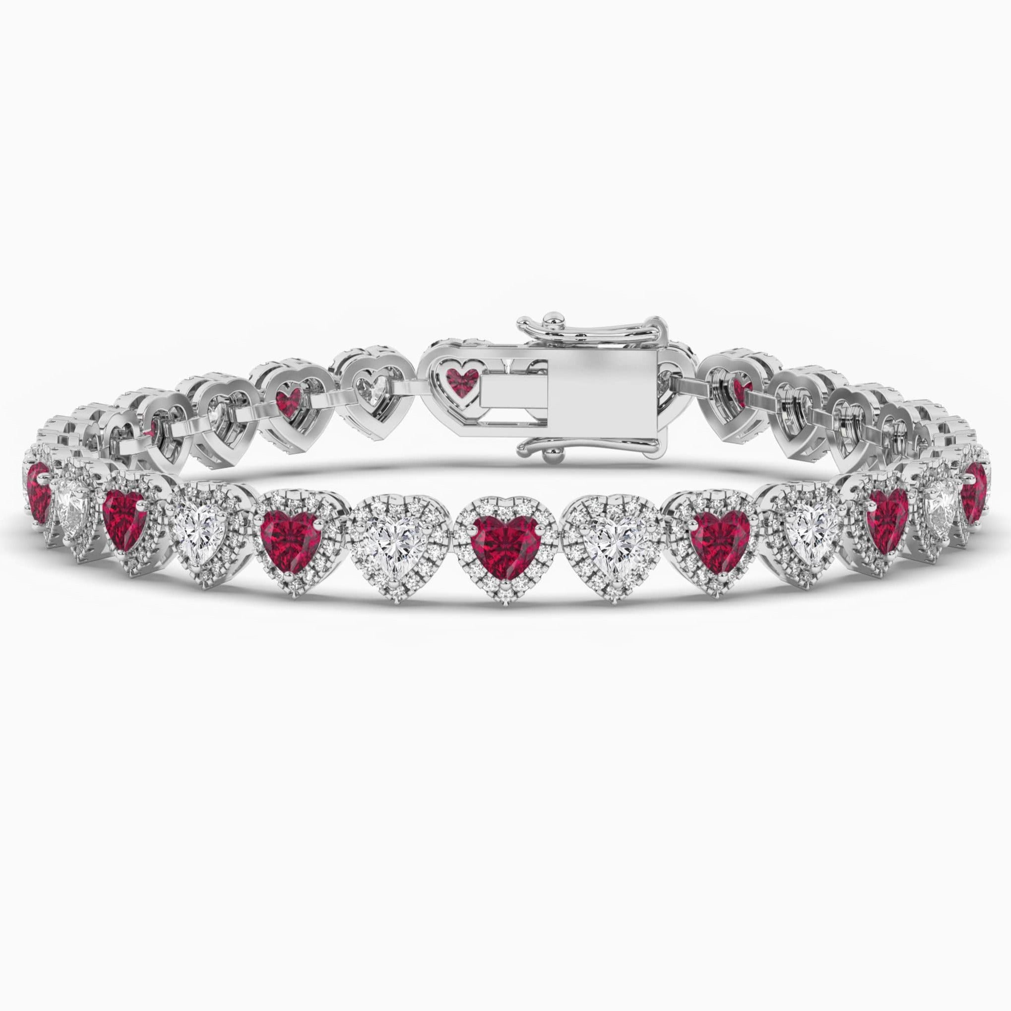 Ruby and Lab Diamond Heart Halo White Gold Tennis Bracelet