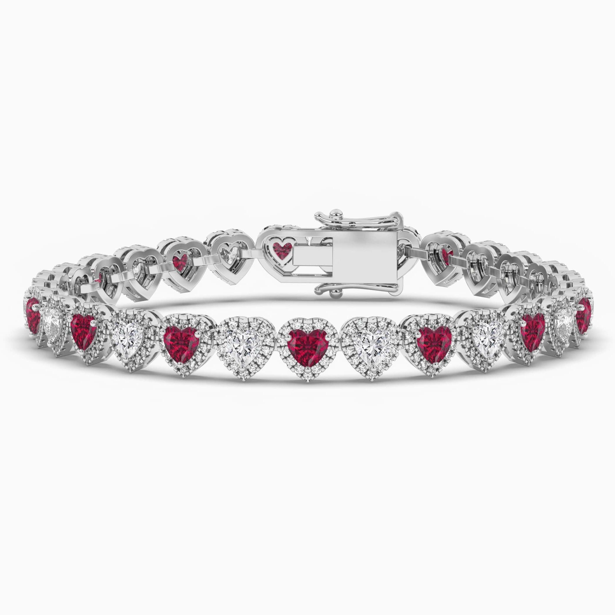 Ruby and Lab Diamond Heart Halo White Gold Tennis Bracelet