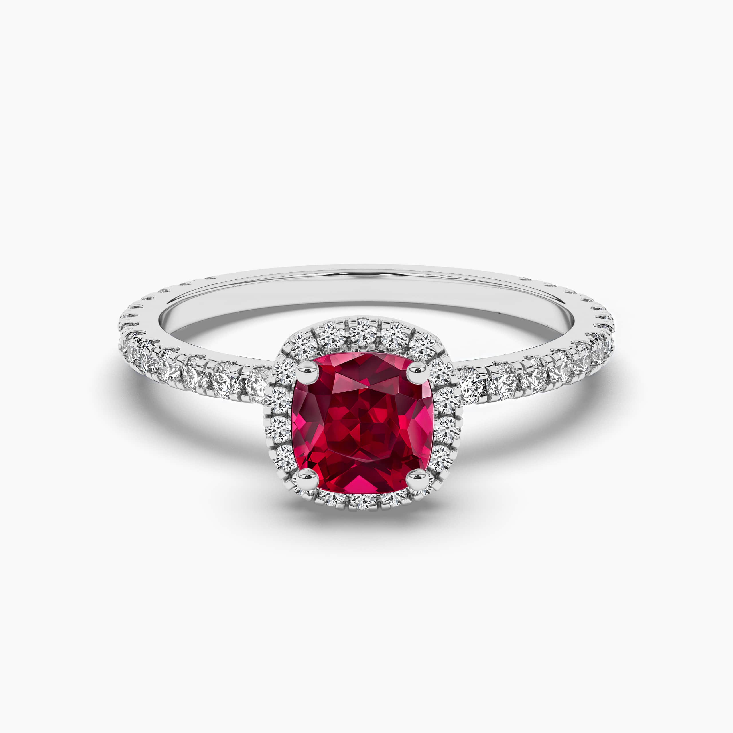 Cushion Cut Ruby Ring With Halo In White Gold