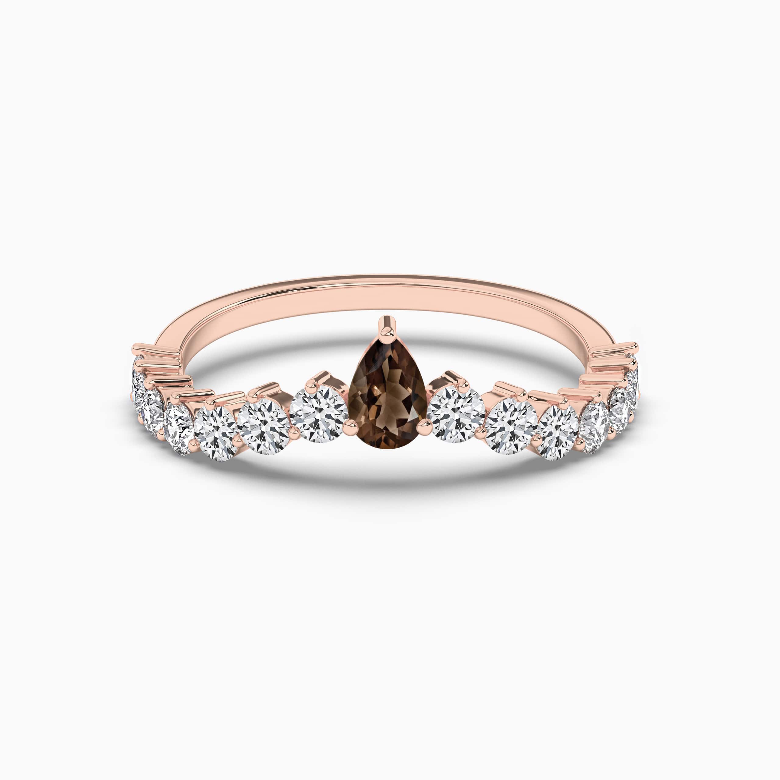 Smoky Quartz Pear and Diamond Birthstone Dainty Ring in rose Gold
