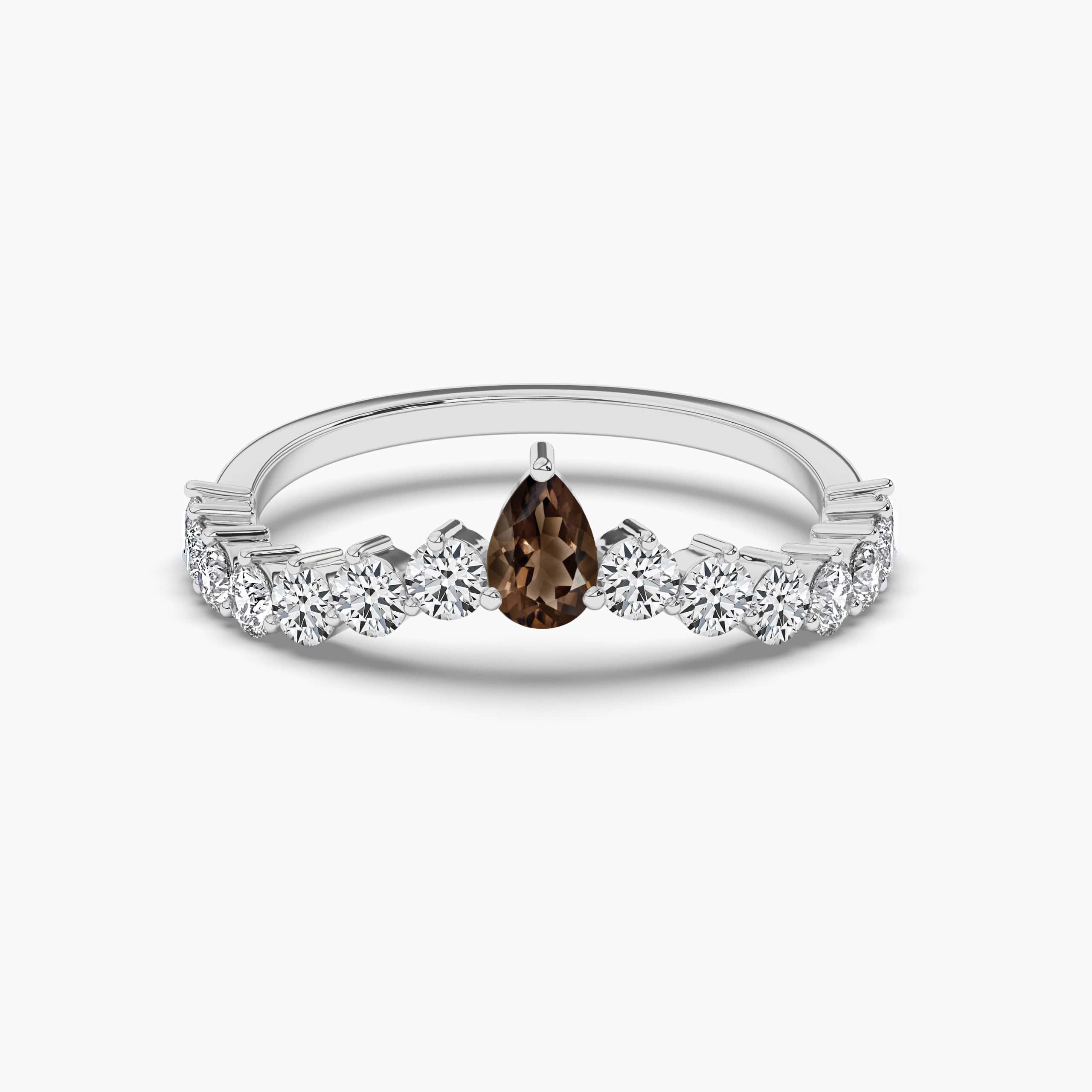Smoky Quartz Pear and Diamond Birthstone Dainty Ring in White gold
