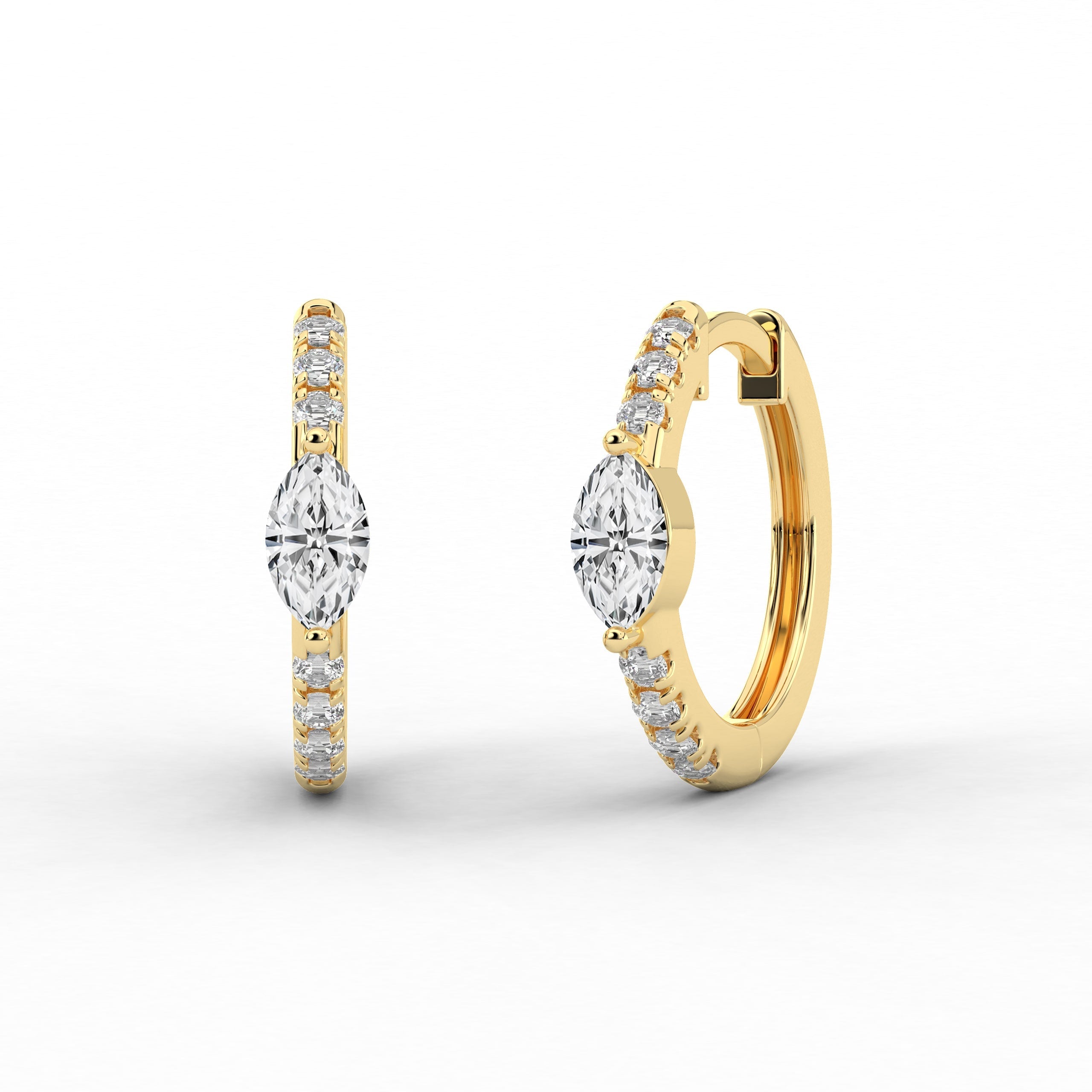 Hoop Earring In Marquise Cut Diamond Engagement Ring In Yellow Gold 