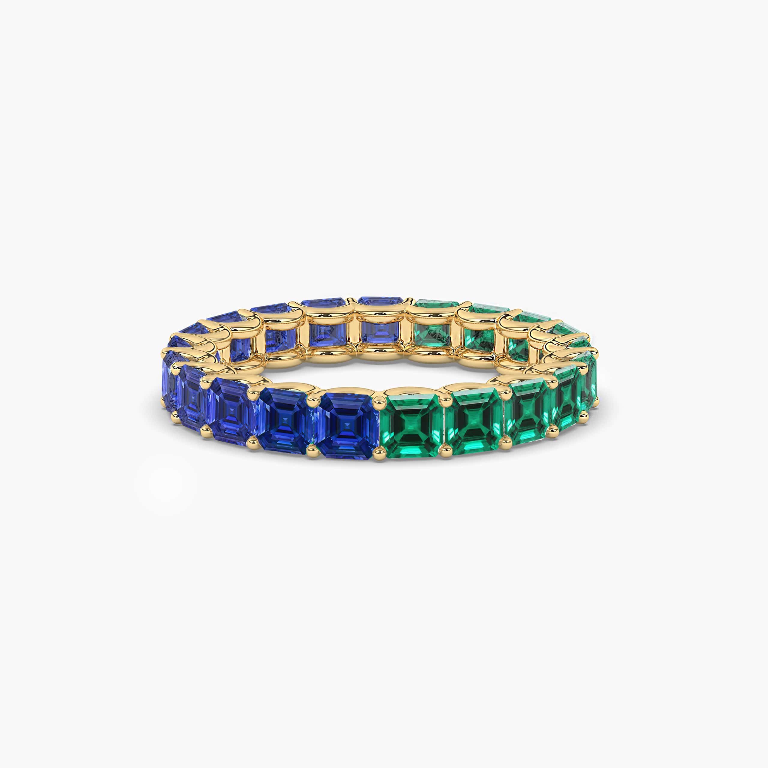 Asscher cut wedding band with sapphire and emerald